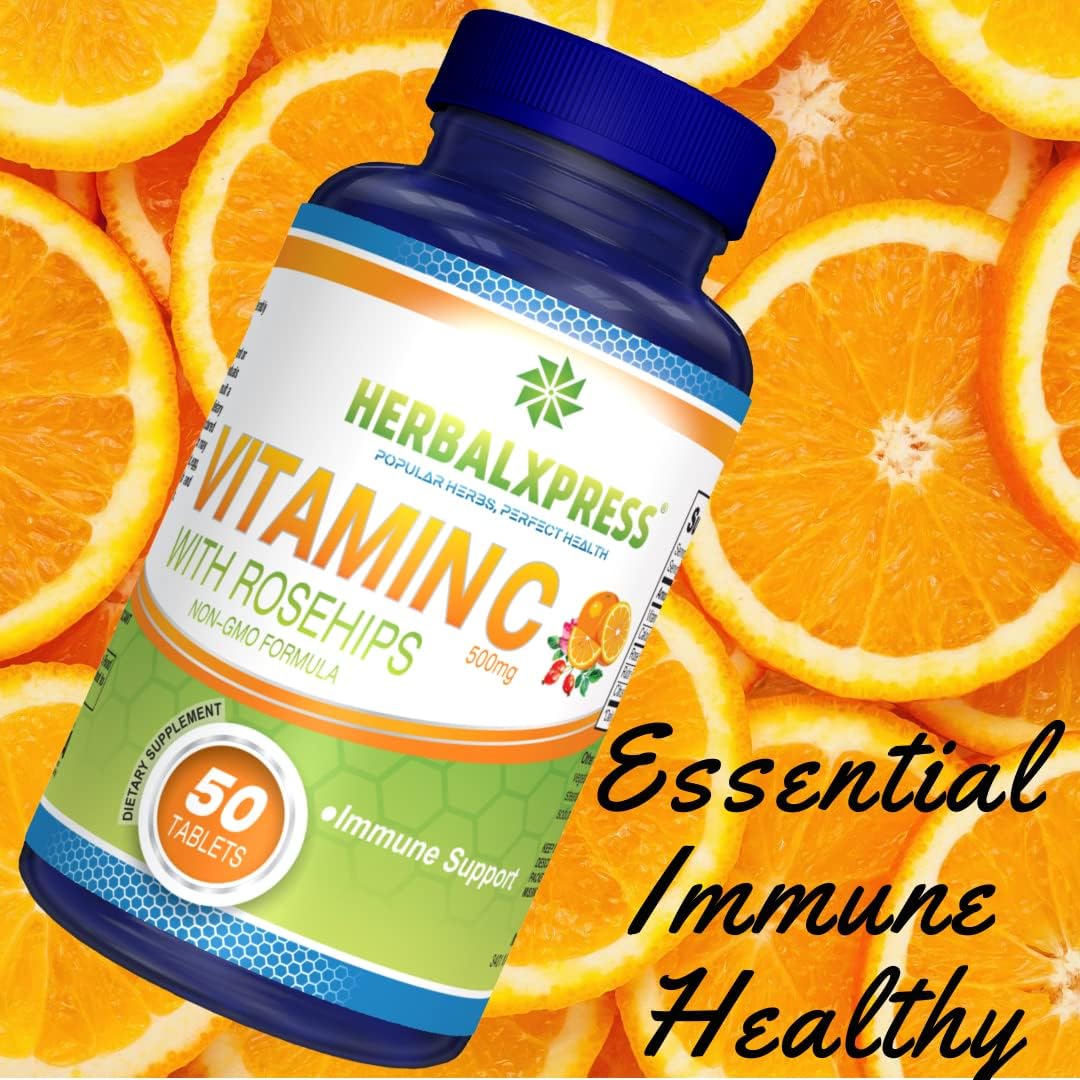 HerbalXpress Vitamin C 500mg Tablets with Rose HIPS & Bioflavonoids - Immune System Booster