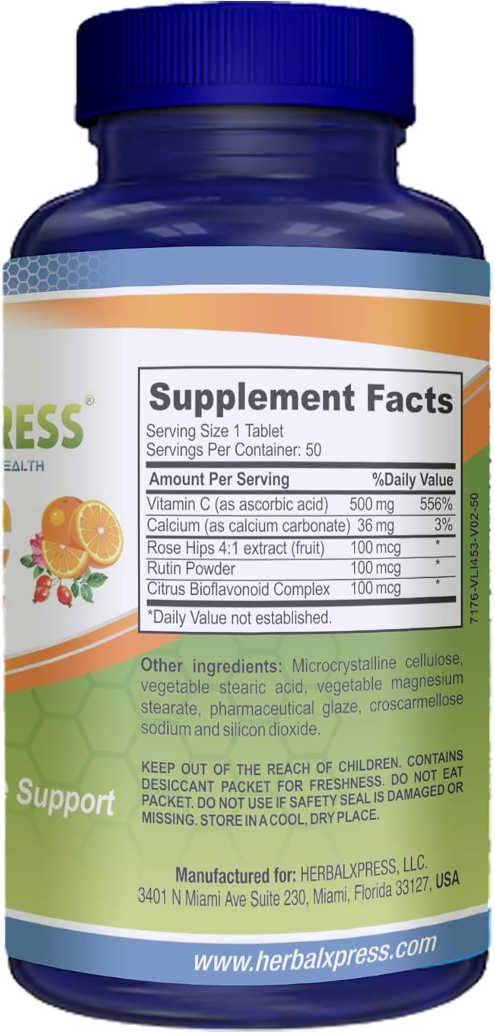 HerbalXpress Vitamin C 500mg Tablets with Rose HIPS & Bioflavonoids - Immune System Booster