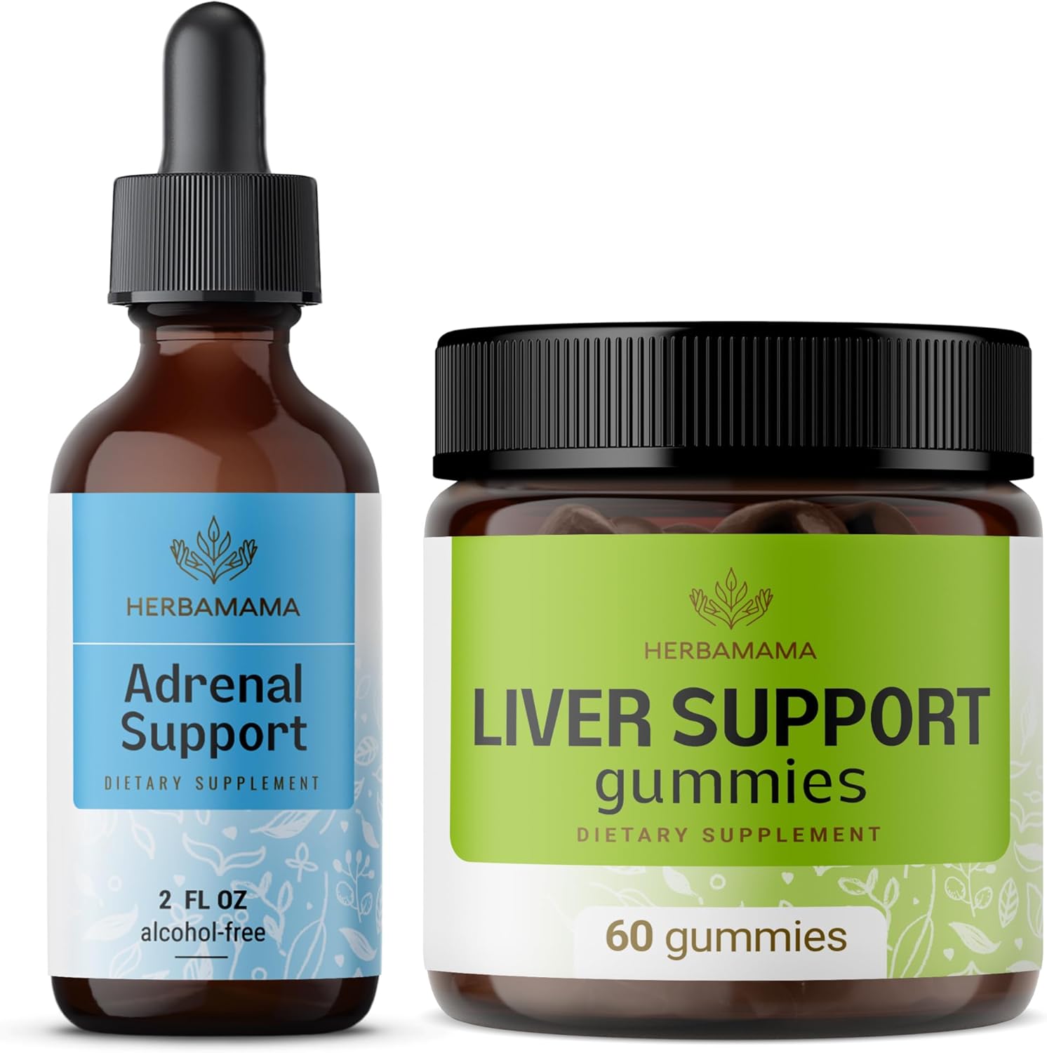 HERBAMAMA Adrenal & Liver Support Kit - Liquid Adrenal Complex & Herbal Liver Gummies - Vegan, Non-GMO - 2 Pack