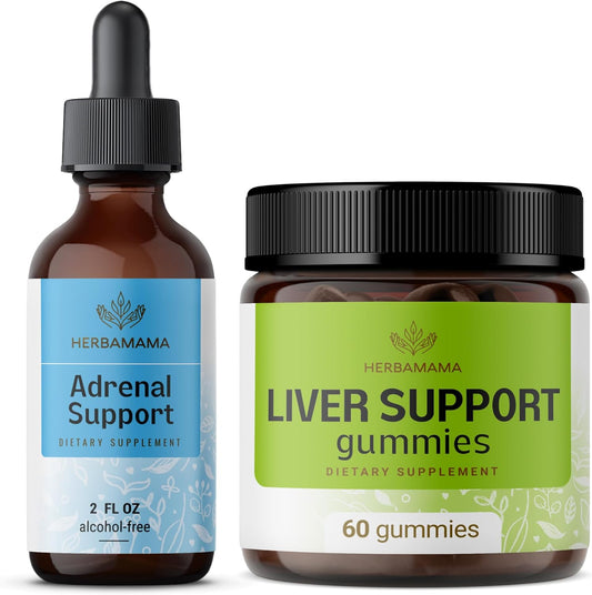 HERBAMAMA Adrenal & Liver Support Kit - Liquid Adrenal Complex & Herbal Liver Gummies - Vegan, Non-GMO - 2 Pack