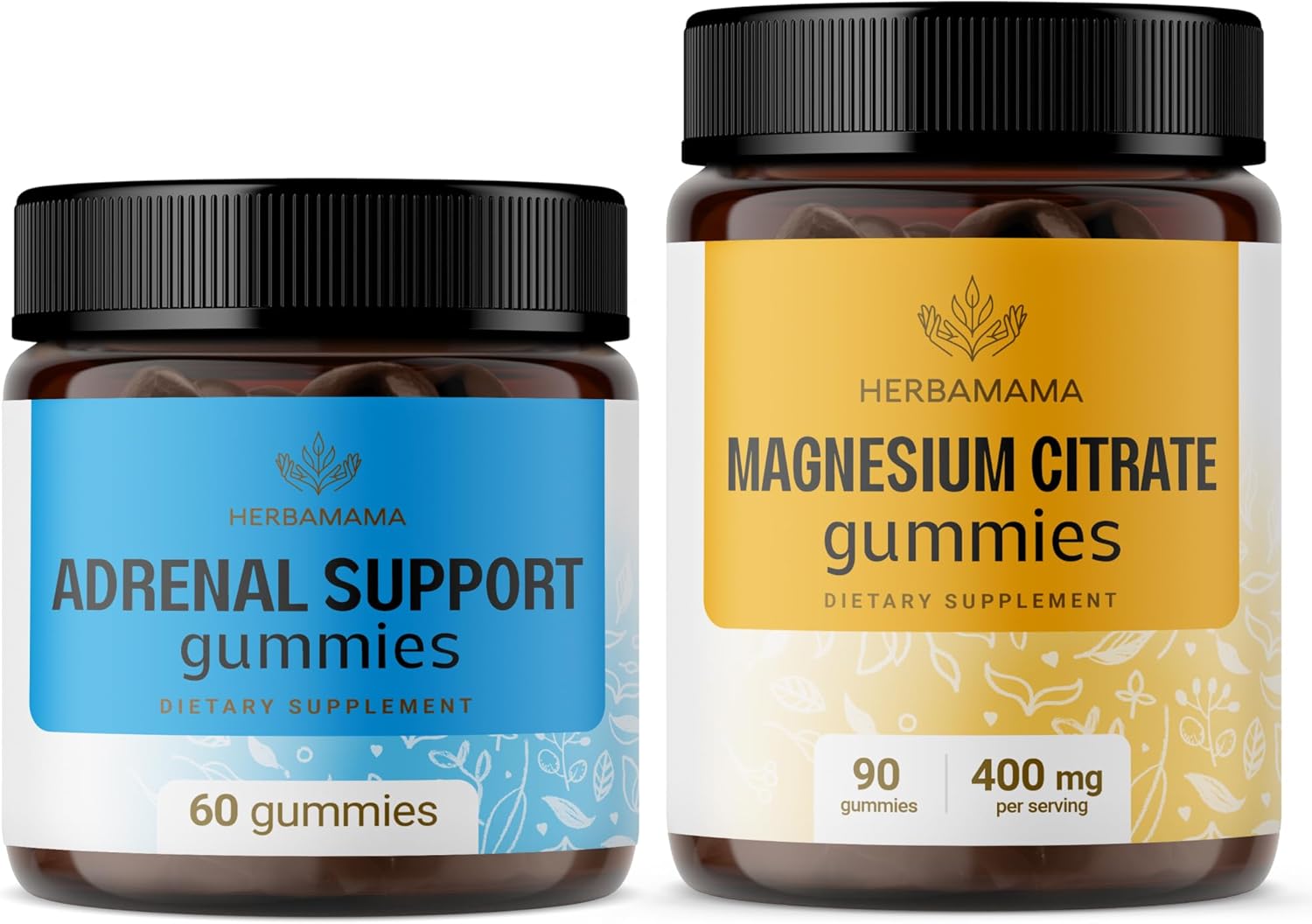 HERBAMAMA Adrenal Support Complex and Magnesium Citrate Gummies Bundle - Vegan and Non-GMO - 2 Pack
