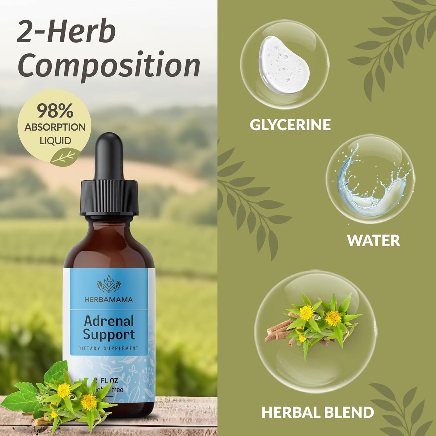 HERBAMAMA Adrenal Support Complex Kit - Liquid and Chewable Bundle - Vegan & Non-GMO - 2 Pack