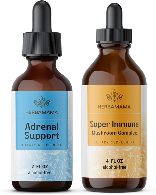 HERBAMAMA Adrenal Support & Super Immune Mushroom Blend Kit - Liquid Complex Bundle - Vegan, Non-GMO, Sugar & Alcohol-Free - 2 Pack