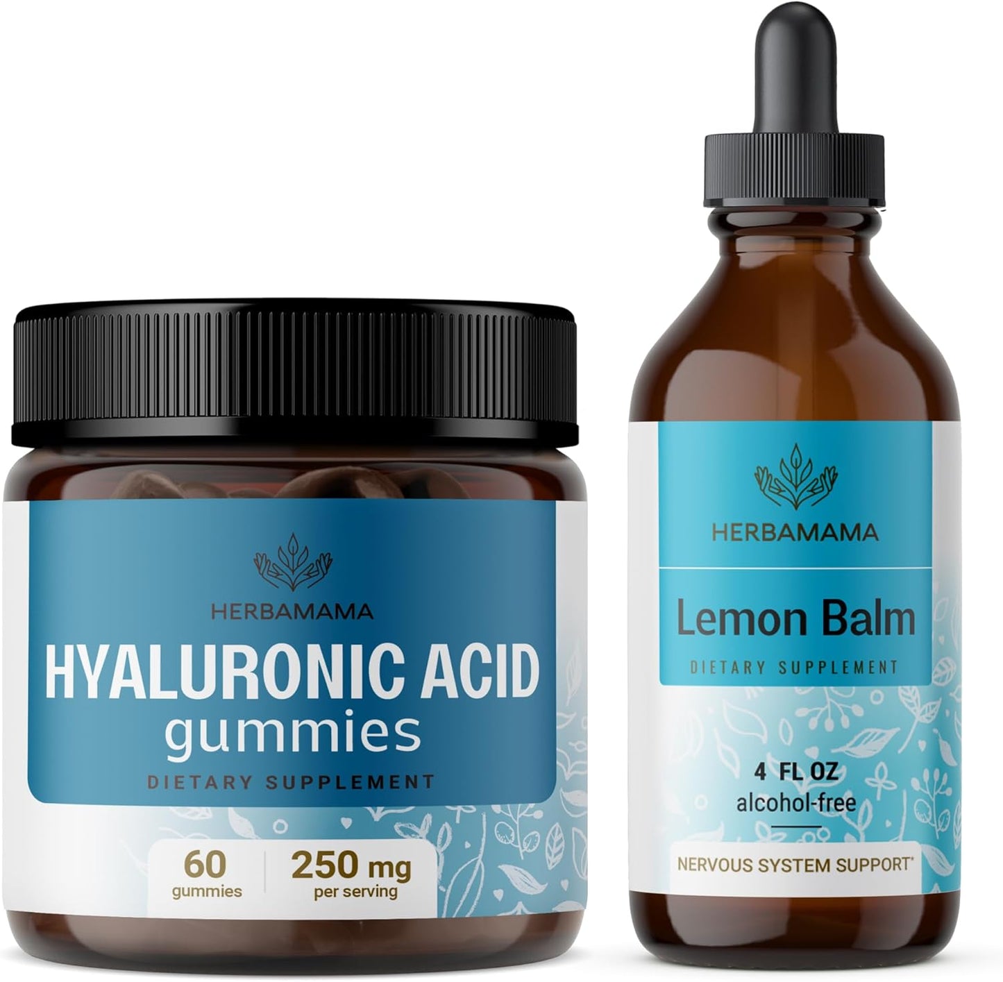 HERBAMAMA Hyaluronic Acid Gummies with Lemon Balm Leaf Extract - 2 Pack Bundle - Vegan, Non-GMO, Alcohol-Free - 250mg Gummies, 4 fl oz Extract