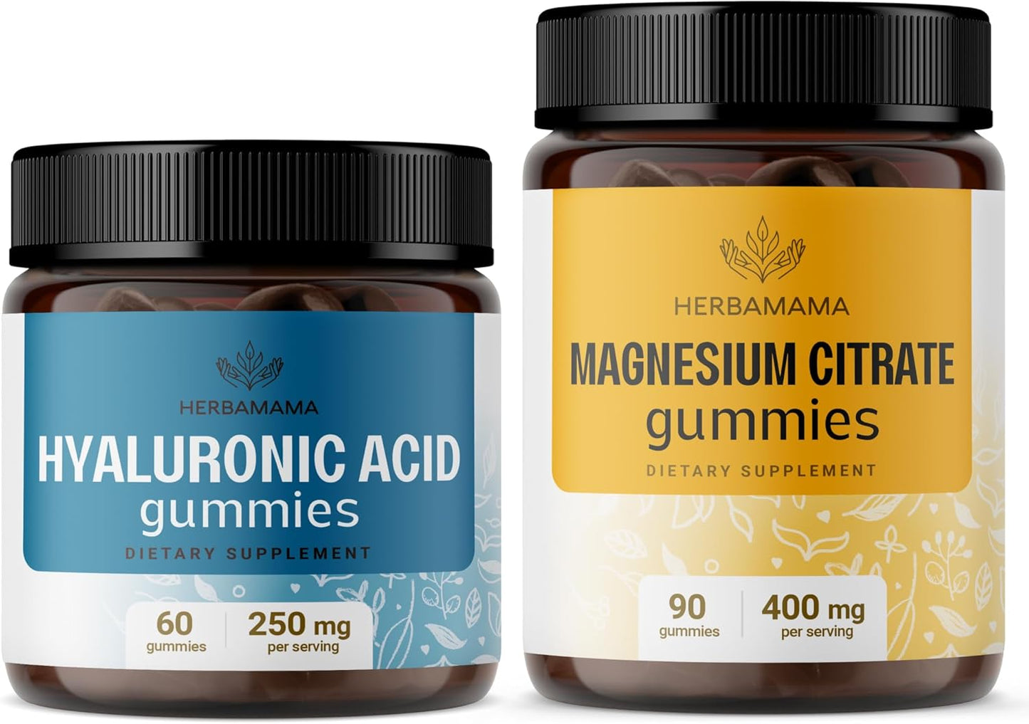 HERBAMAMA Hyaluronic Acid & Magnesium Gummy Kit - 250mg HA & 400mg Magnesium Citrate - Vegan, Non-GMO, Gelatin-Free - 2 Pack