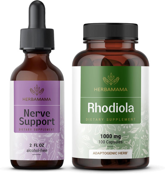 HERBAMAMA Nerve Support Liquid Complex and Rhodiola Rosea Capsules Bundle - Vegan, Non-GMO, Sugar & Alcohol-Free, 2 Pack