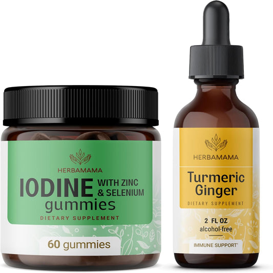 Herbamama Potassium Iodine & Turmeric Ginger Kit - Vegan Bundle of Iodine Gummies & Tincture - Non-GMO, Alcohol-Free - 2 fl oz, 2 Pack