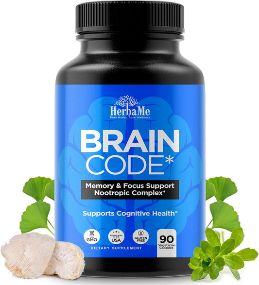 HerbaMe Brain Code: Nootropic Supplement for Memory, Focus, and Cognitive Health | 90 Capsules to Enhance Mental Clarity and Concentration