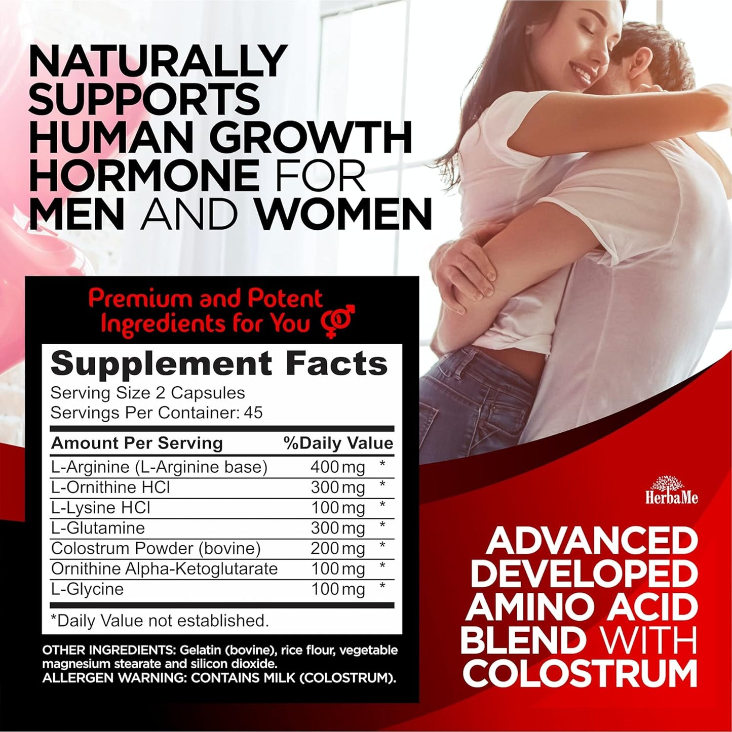 HerbaMe HGH Supplements - 90 Capsules for Men and Women - Muscle Building & Recovery Formula with Colostrum & Amino Acids