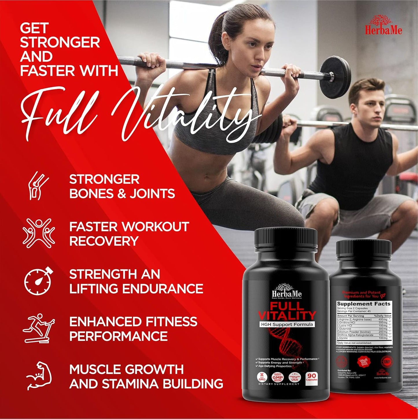 HerbaMe HGH Supplements - 90 Capsules for Men and Women - Muscle Building & Recovery Formula with Colostrum & Amino Acids