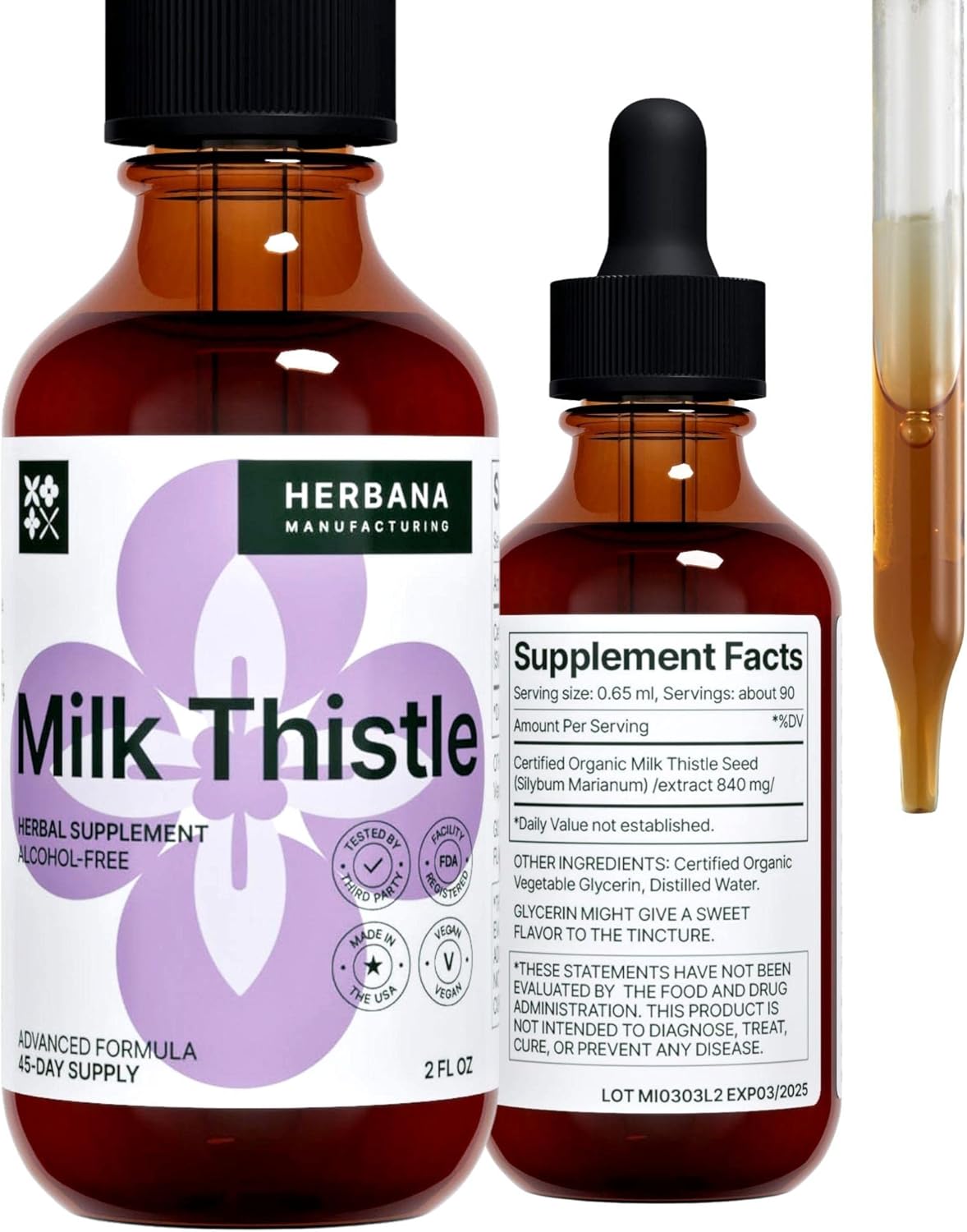 Herbana Manufacturing Milk Thistle Liquid Extract - Liver Support Drops - Cleanse & Detox Supplement - Silybum Marianum Tincture - High Potency - 45-Day Supply - Family Size