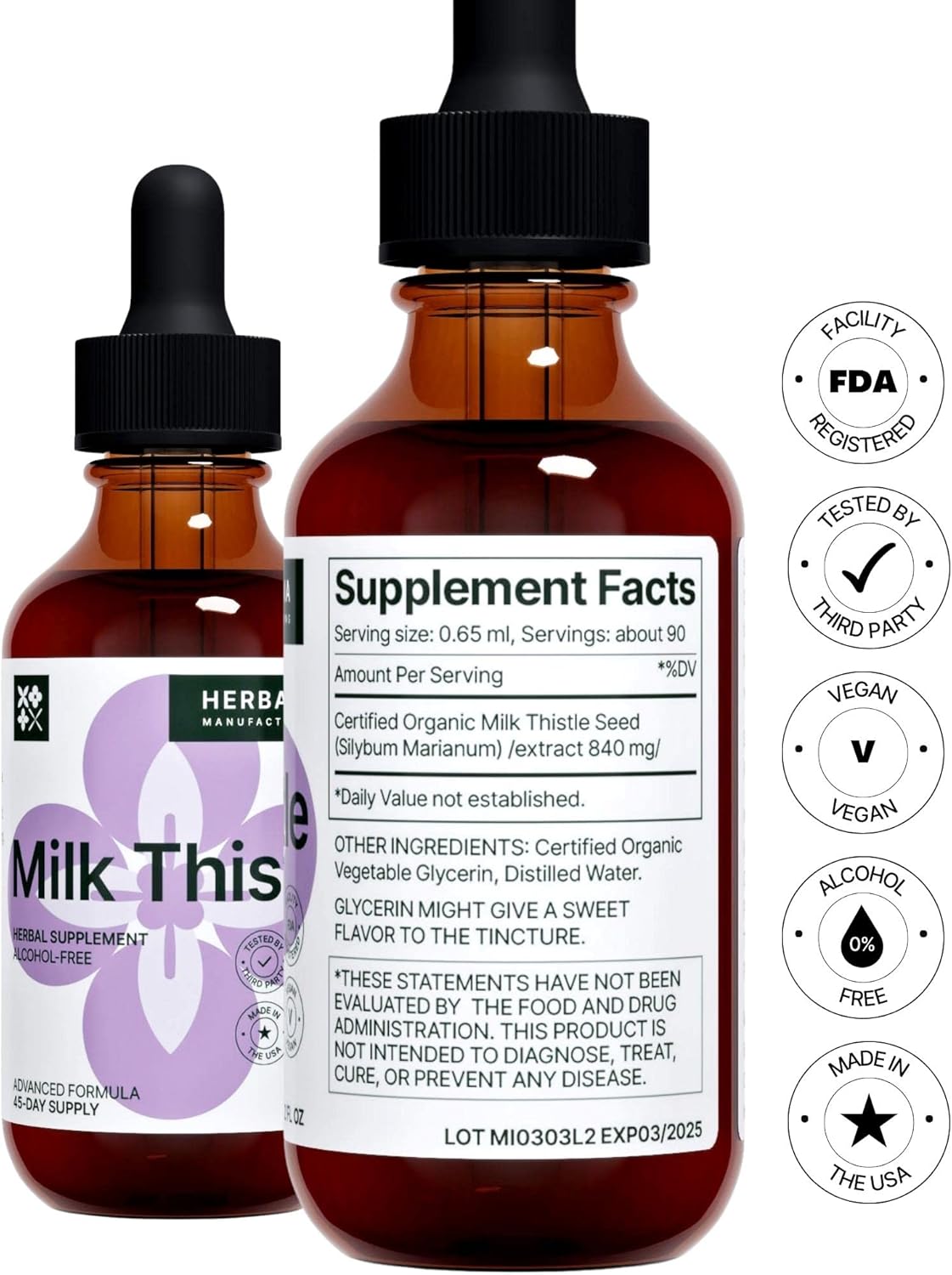 Herbana Manufacturing Milk Thistle Liquid Extract - Liver Support Drops - Cleanse & Detox Supplement - Silybum Marianum Tincture - High Potency - 45-Day Supply - Family Size