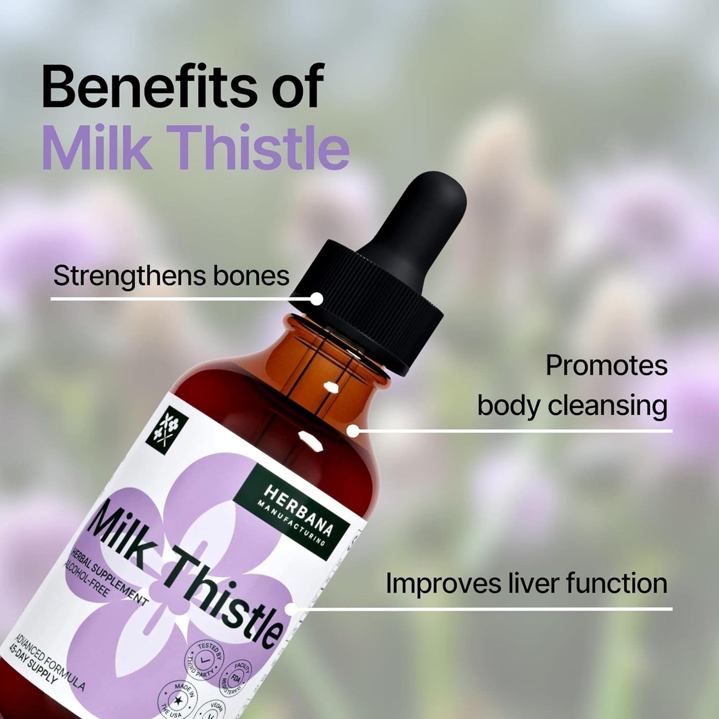 Herbana Manufacturing Milk Thistle Liquid Extract - Liver Support Drops - Cleanse & Detox Supplement - Silybum Marianum Tincture - High Potency - 45-Day Supply - Family Size
