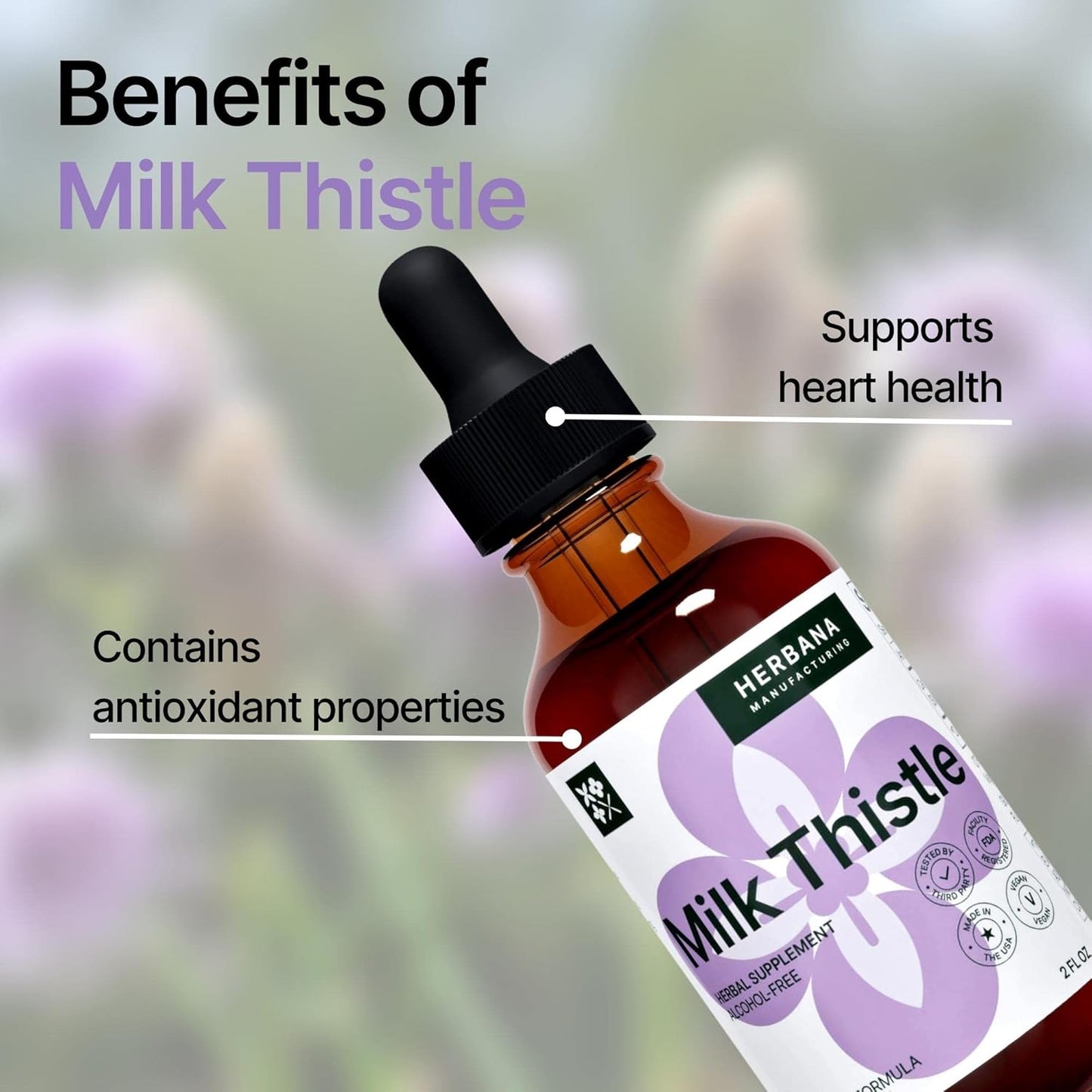 Herbana Manufacturing Milk Thistle Liquid Extract - Liver Support Drops - Cleanse & Detox Supplement - Silybum Marianum Tincture - High Potency - 45-Day Supply - Family Size
