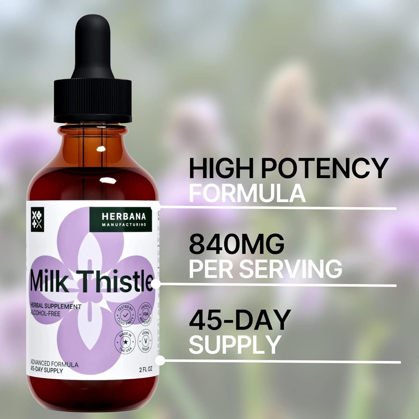 Herbana Manufacturing Milk Thistle Liquid Extract - Liver Support Drops - Cleanse & Detox Supplement - Silybum Marianum Tincture - High Potency - 45-Day Supply - Family Size