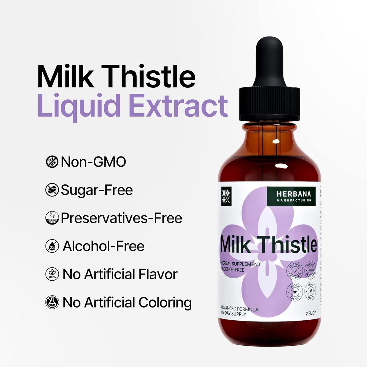 Herbana Manufacturing Milk Thistle Liquid Extract - Liver Support Drops - Cleanse & Detox Supplement - Silybum Marianum Tincture - High Potency - 45-Day Supply - Family Size