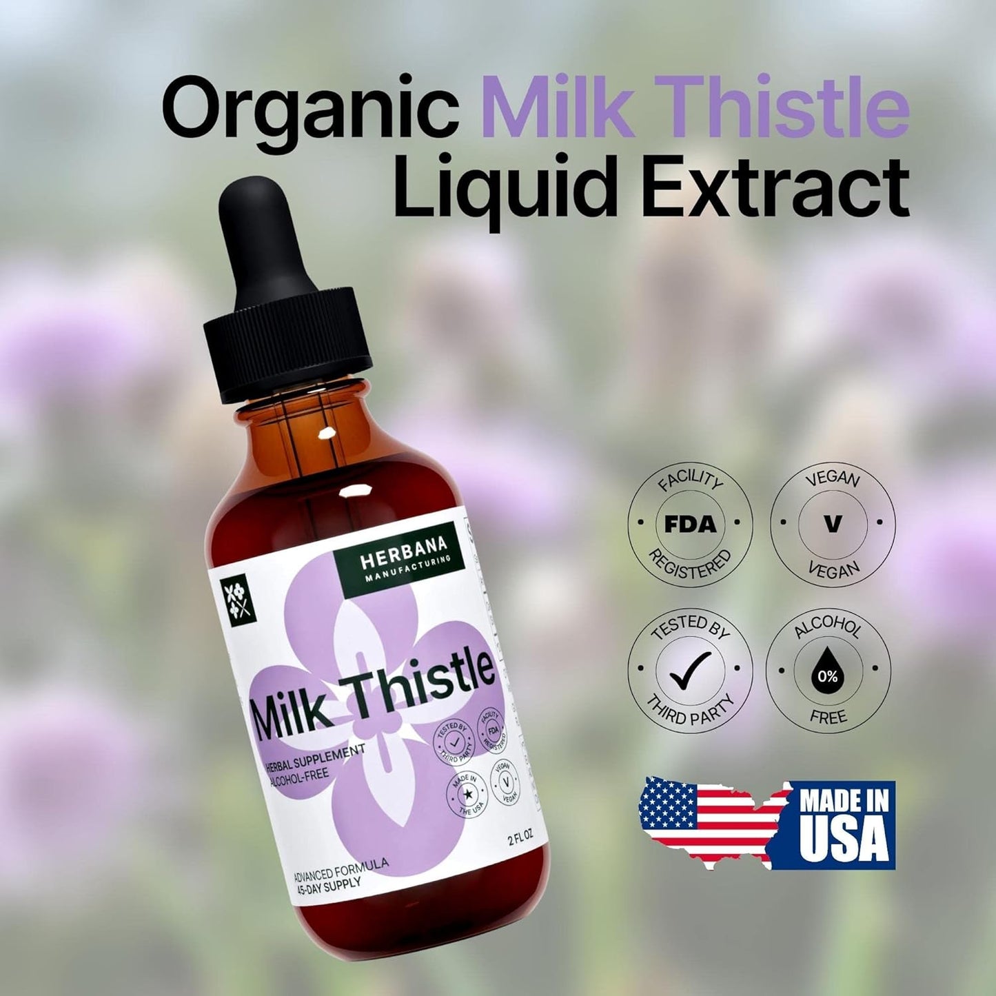 Herbana Manufacturing Milk Thistle Liquid Extract - Liver Support Drops - Cleanse & Detox Supplement - Silybum Marianum Tincture - High Potency - 45-Day Supply - Family Size