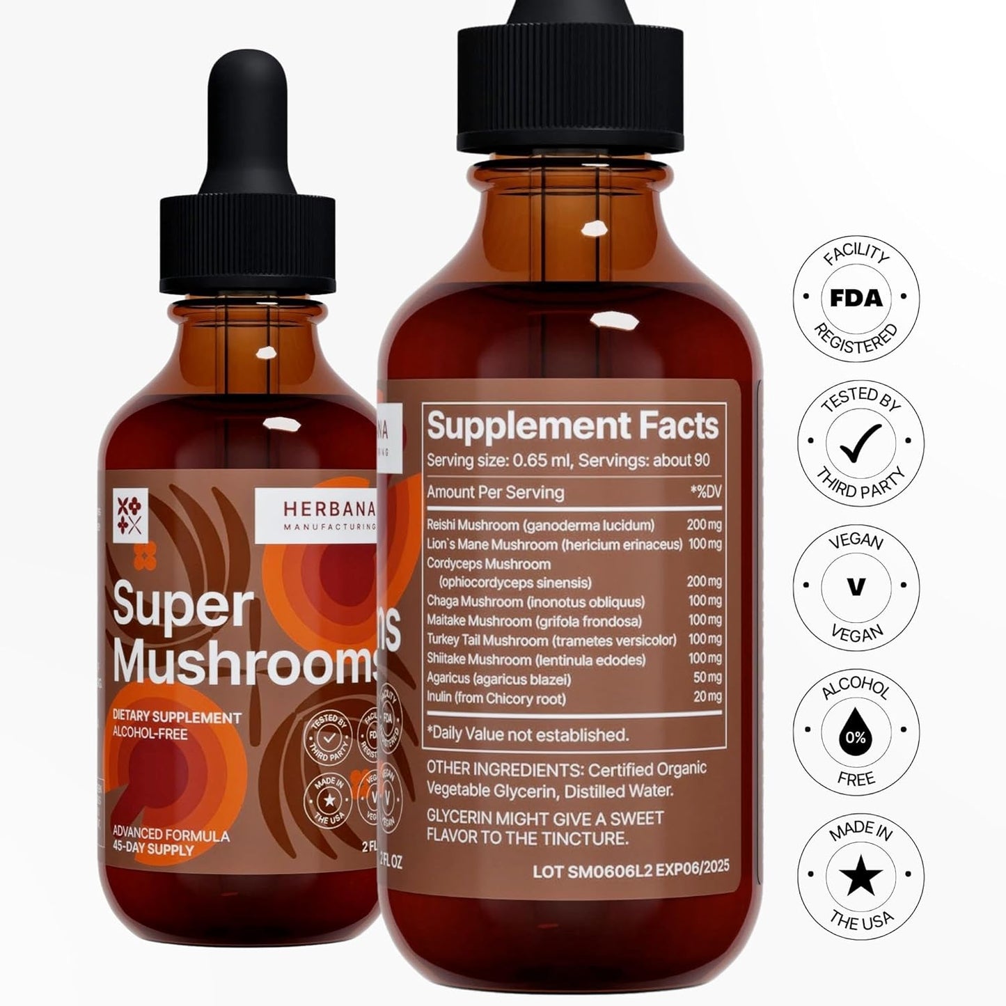 Herbana Manufacturing Super Mushrooms 8-in-1 Liquid Extract for Brain and Immune Support - Reishi, Lion's Mane, Cordyceps, Chaga, and More - High Potency - 45-Day Supply
