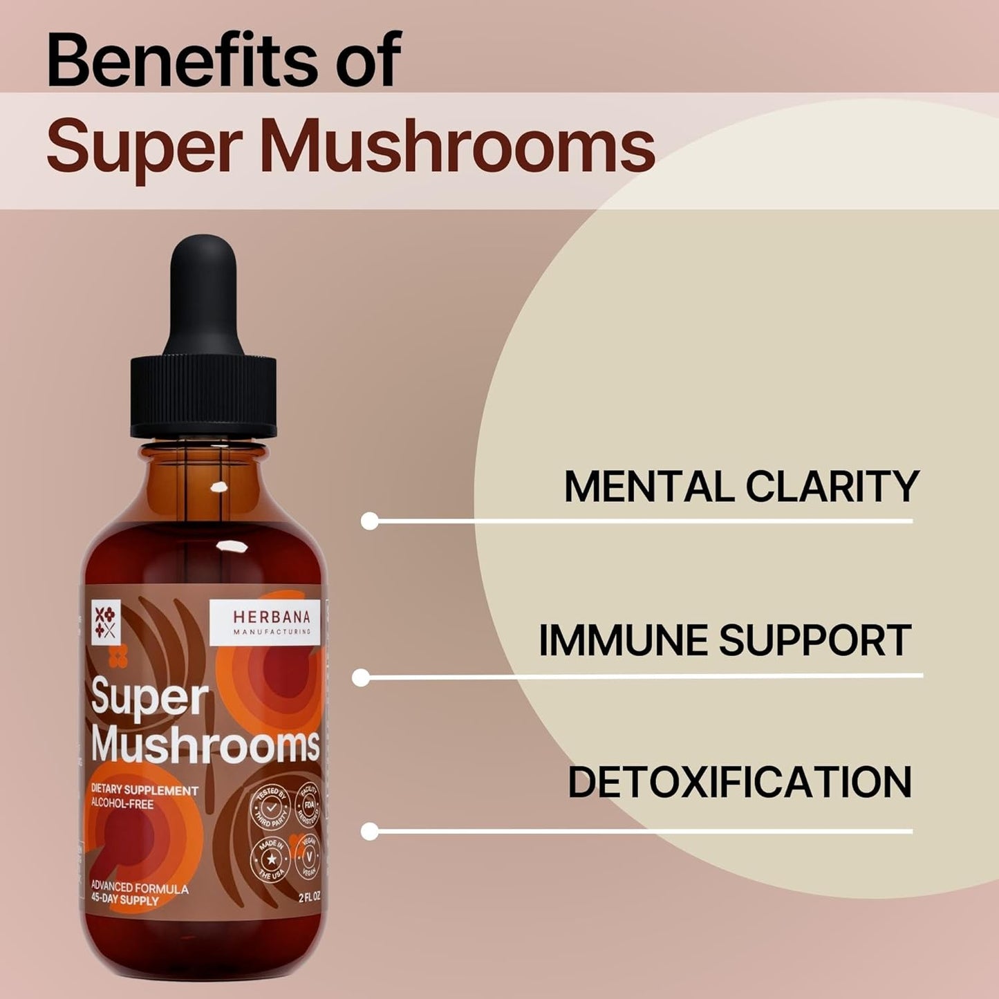 Herbana Manufacturing Super Mushrooms 8-in-1 Liquid Extract for Brain and Immune Support - Reishi, Lion's Mane, Cordyceps, Chaga, and More - High Potency - 45-Day Supply