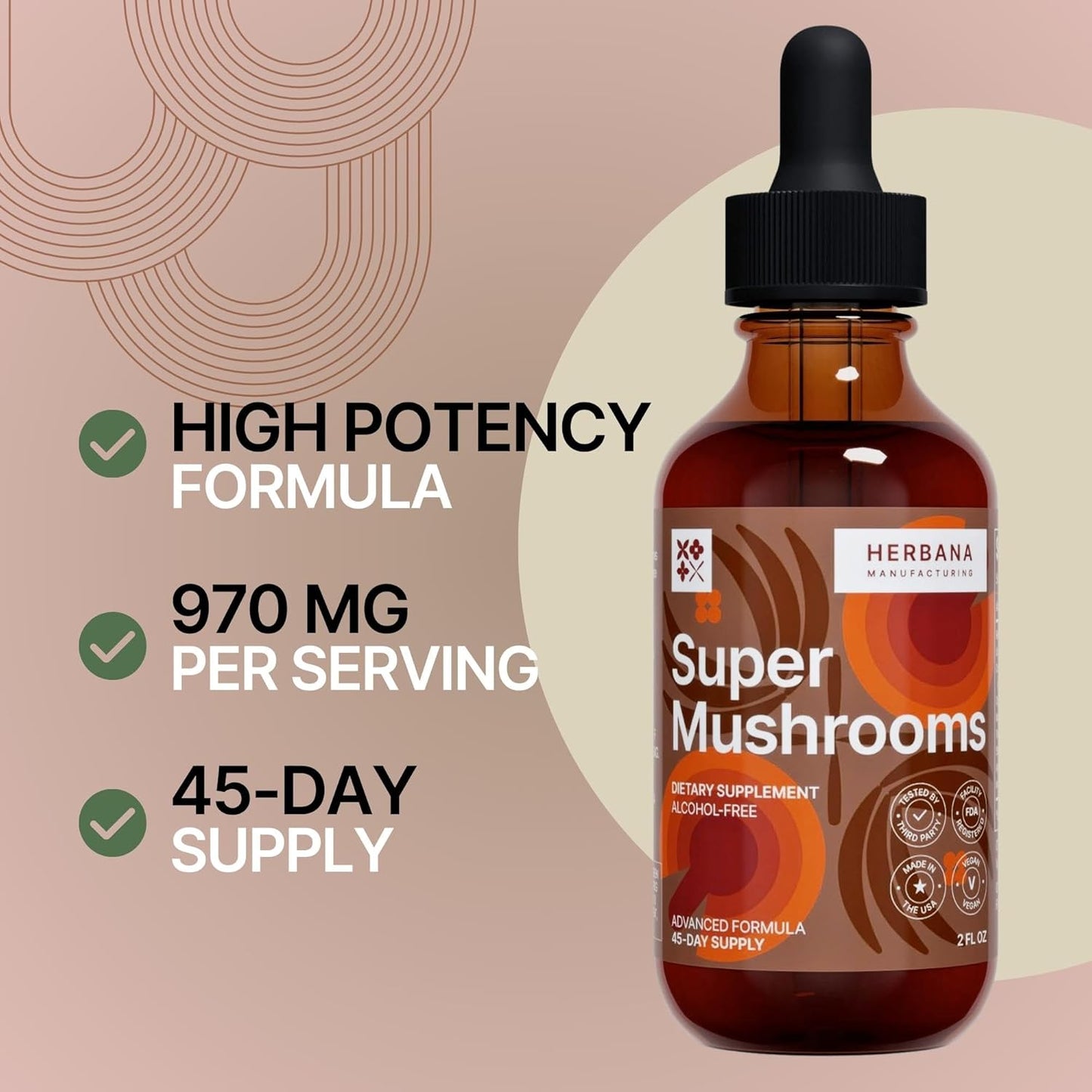 Herbana Manufacturing Super Mushrooms 8-in-1 Liquid Extract for Brain and Immune Support - Reishi, Lion's Mane, Cordyceps, Chaga, and More - High Potency - 45-Day Supply