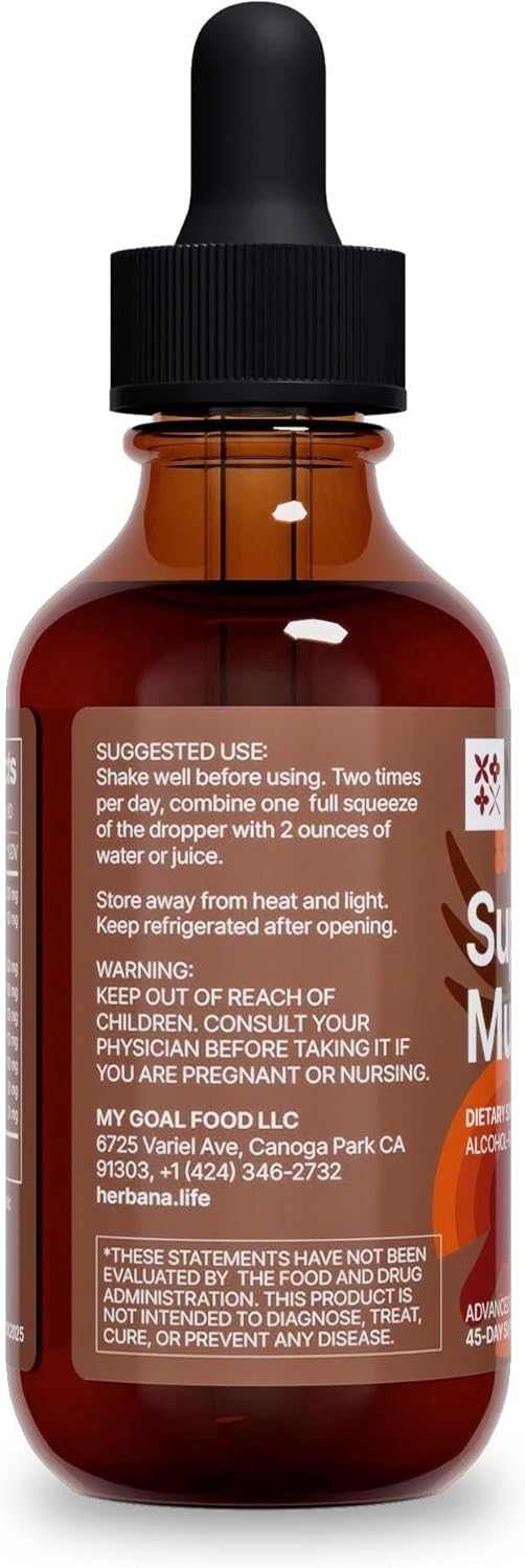 Herbana Manufacturing Super Mushrooms 8-in-1 Liquid Extract for Brain and Immune Support - Reishi, Lion's Mane, Cordyceps, Chaga, and More - High Potency - 45-Day Supply