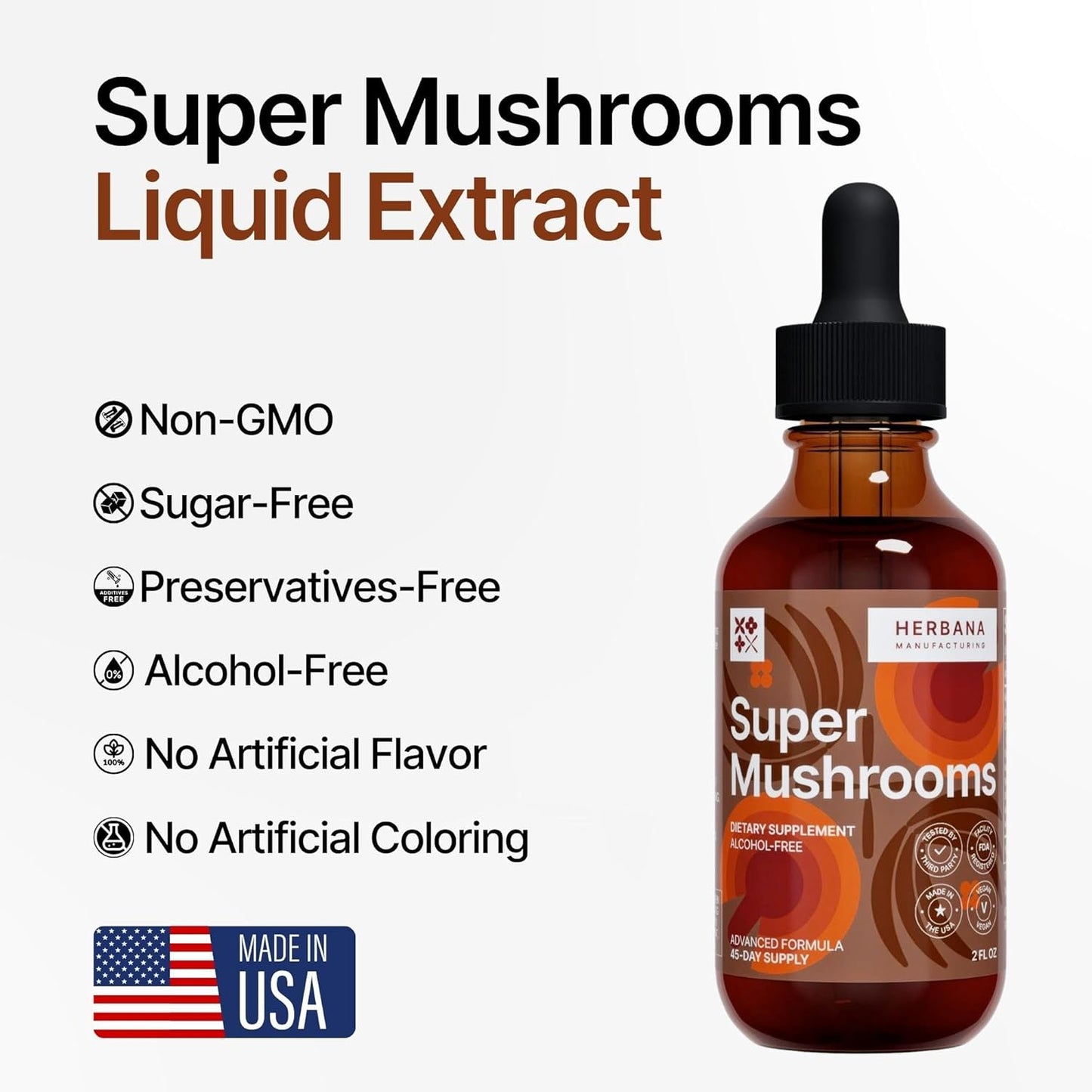 Herbana Manufacturing Super Mushrooms 8-in-1 Liquid Extract for Brain and Immune Support - Reishi, Lion's Mane, Cordyceps, Chaga, and More - High Potency - 45-Day Supply