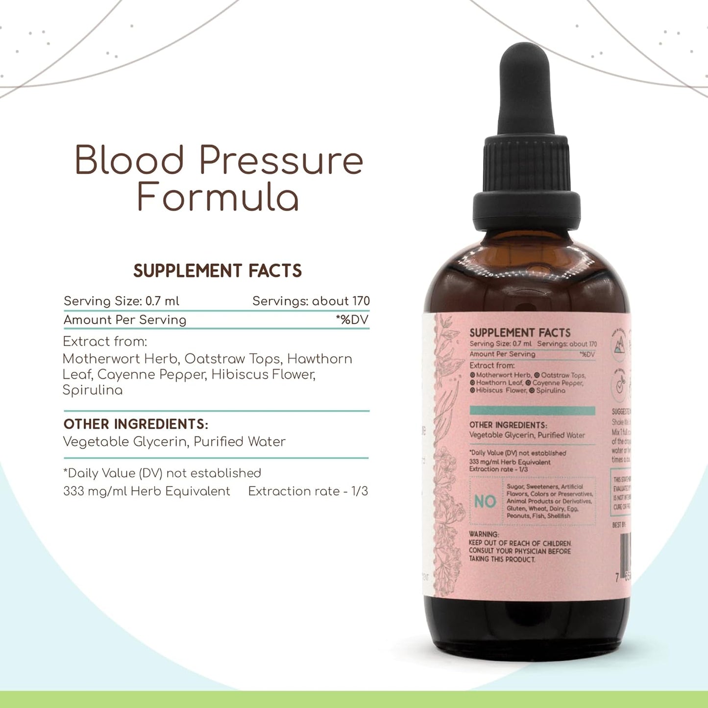 HerbEra Blood Pressure Formula B120 Tincture: Hawthorn, Motherwort, Cayenne, Hibiscus, Spirulina - 4 Fl Oz