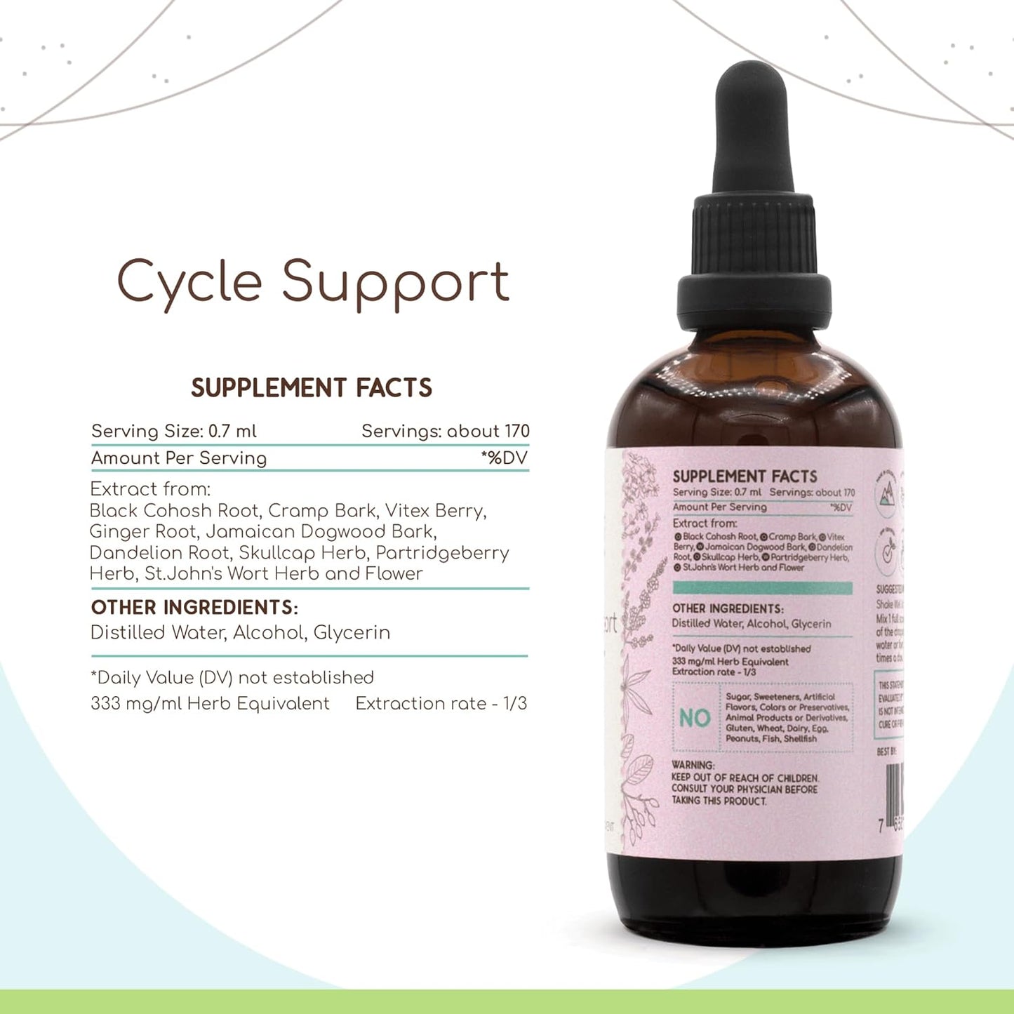 HerbEra Cycle Support Alcohol Extract Tincture - Skullcap, Dandelion, Cramp, Vitex Berry, St. John's Wort, Jamaican Dogwood Bark, Partridgeberry Herb - PMS Support - 8 Fl Oz Total