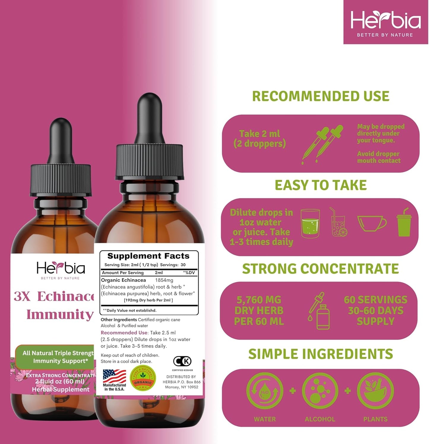 HERBIA Echinacea Immunity Blend - 3X Strength Organic Concentrated Extract for Immune Support (2 fl oz)