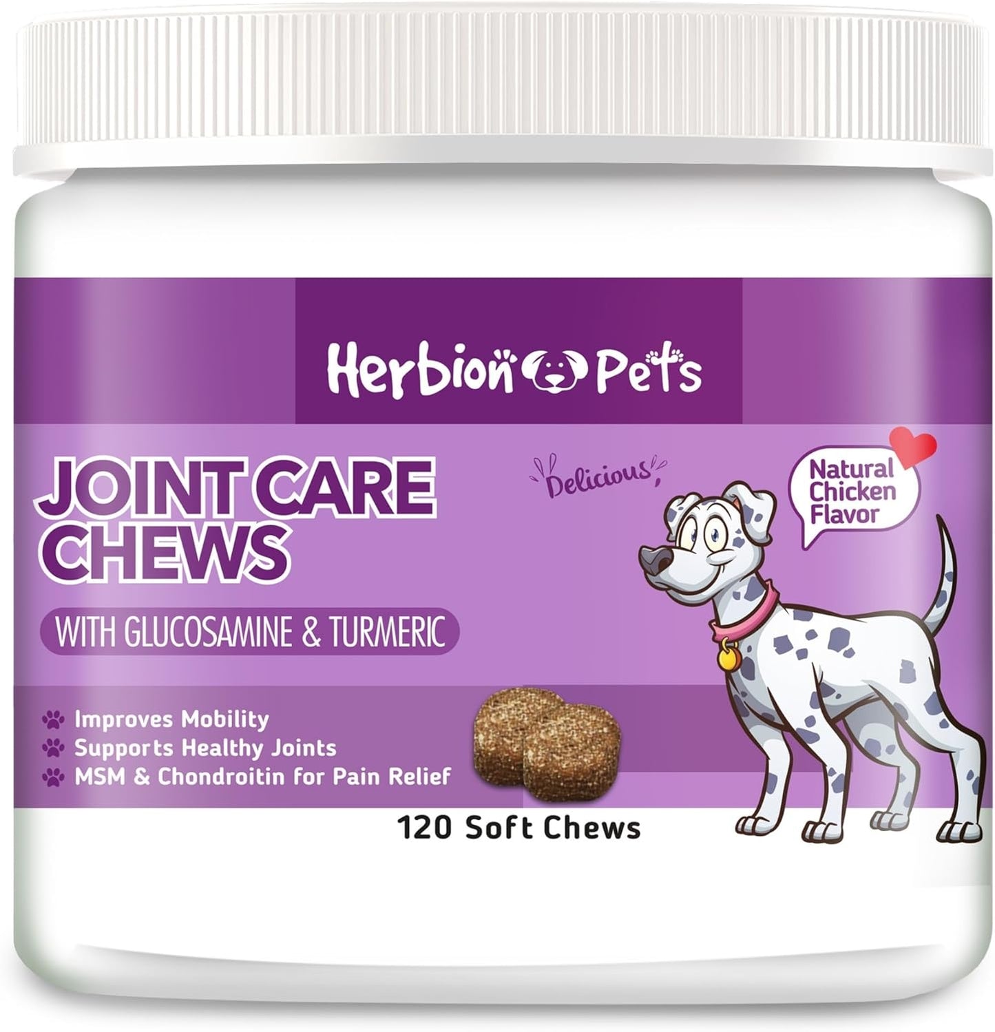 Herbion Naturals Joint Care Chews for Dogs - 120 Soft Chews with Glucosamine, Turmeric, MSM, and Chondroitin - Pain Relief and Improved Mobility - Made in USA