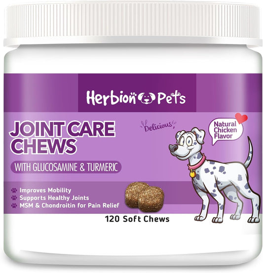 Herbion Naturals Joint Care Chews for Dogs - 120 Soft Chews with Glucosamine, Turmeric, MSM, and Chondroitin - Pain Relief and Improved Mobility - Made in USA