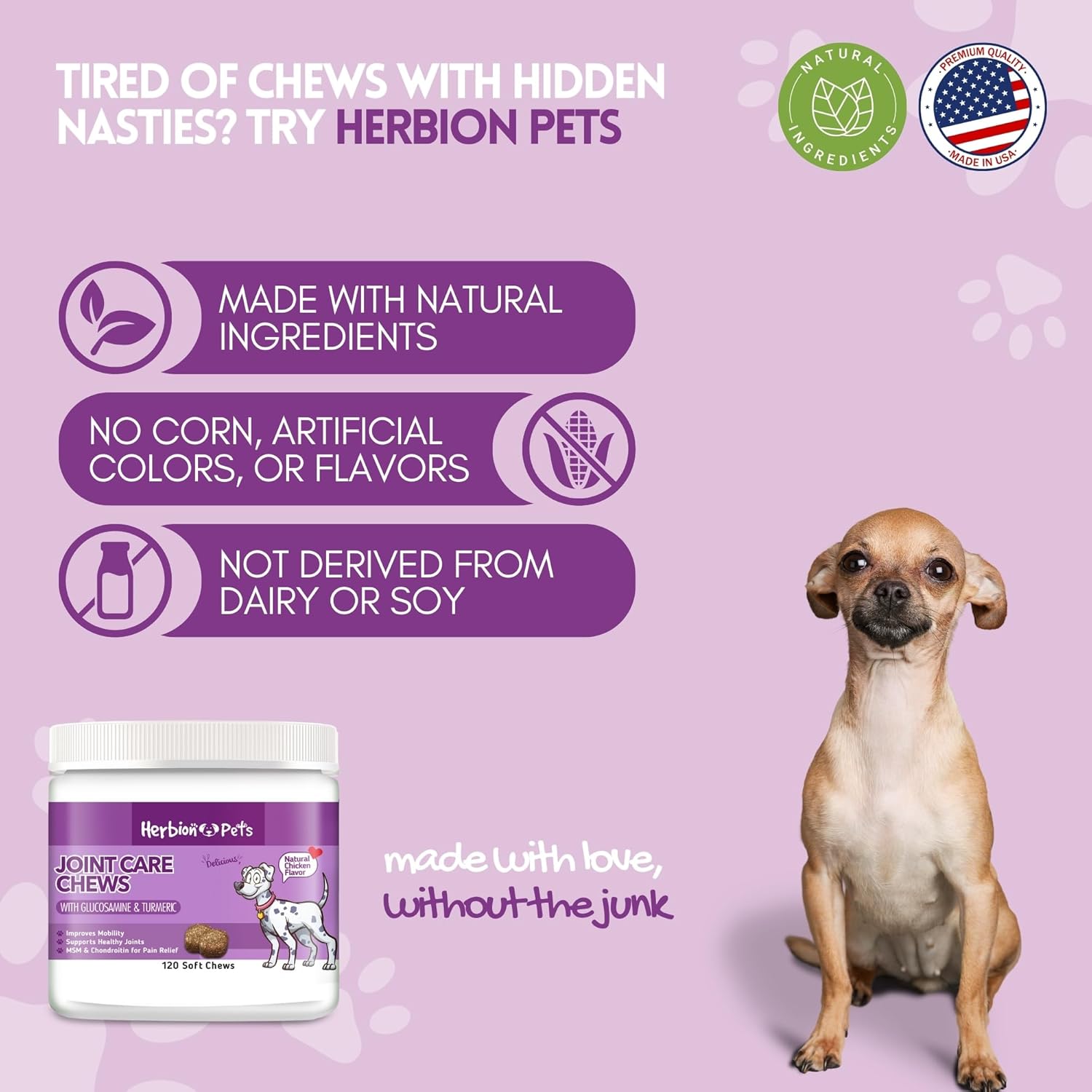 Herbion Naturals Joint Care Chews for Dogs - 120 Soft Chews with Glucosamine, Turmeric, MSM, and Chondroitin - Pain Relief and Improved Mobility - Made in USA