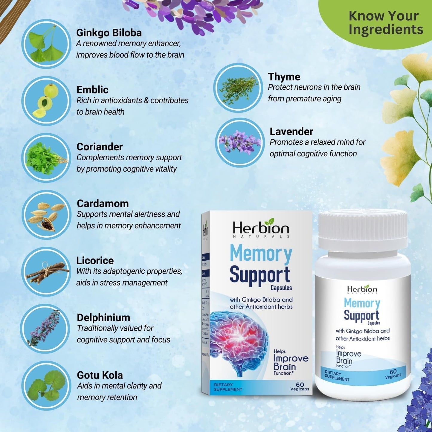 Herbion Naturals Memory Support Capsules - Enhances Brain Function, Fights Absent-Mindedness, and Promotes Healthy Mood - 60 Vegicaps for Adults