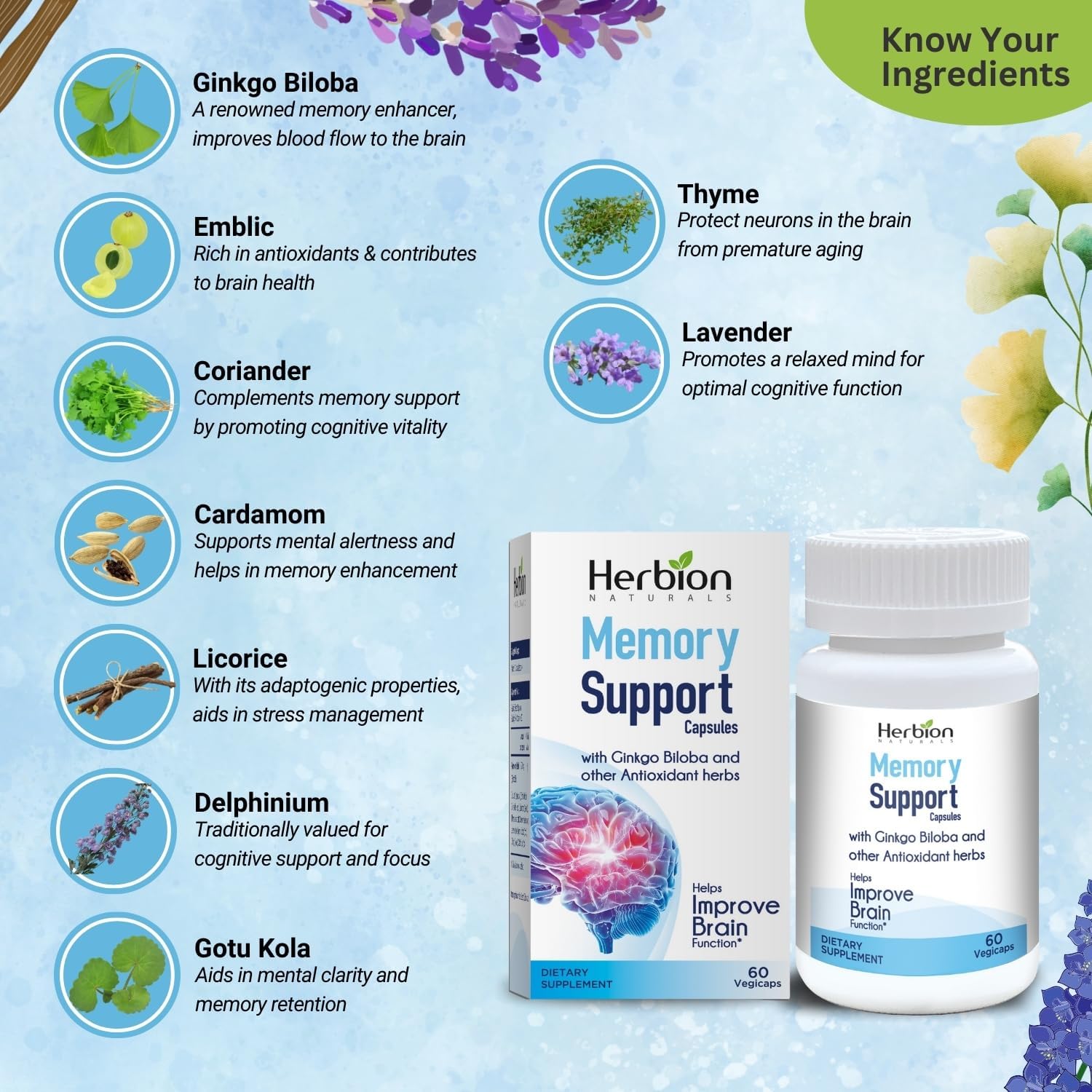 Herbion Naturals Memory Support Capsules - Enhances Brain Function, Fights Absent-Mindedness, and Promotes Healthy Mood - 60 Vegicaps for Adults