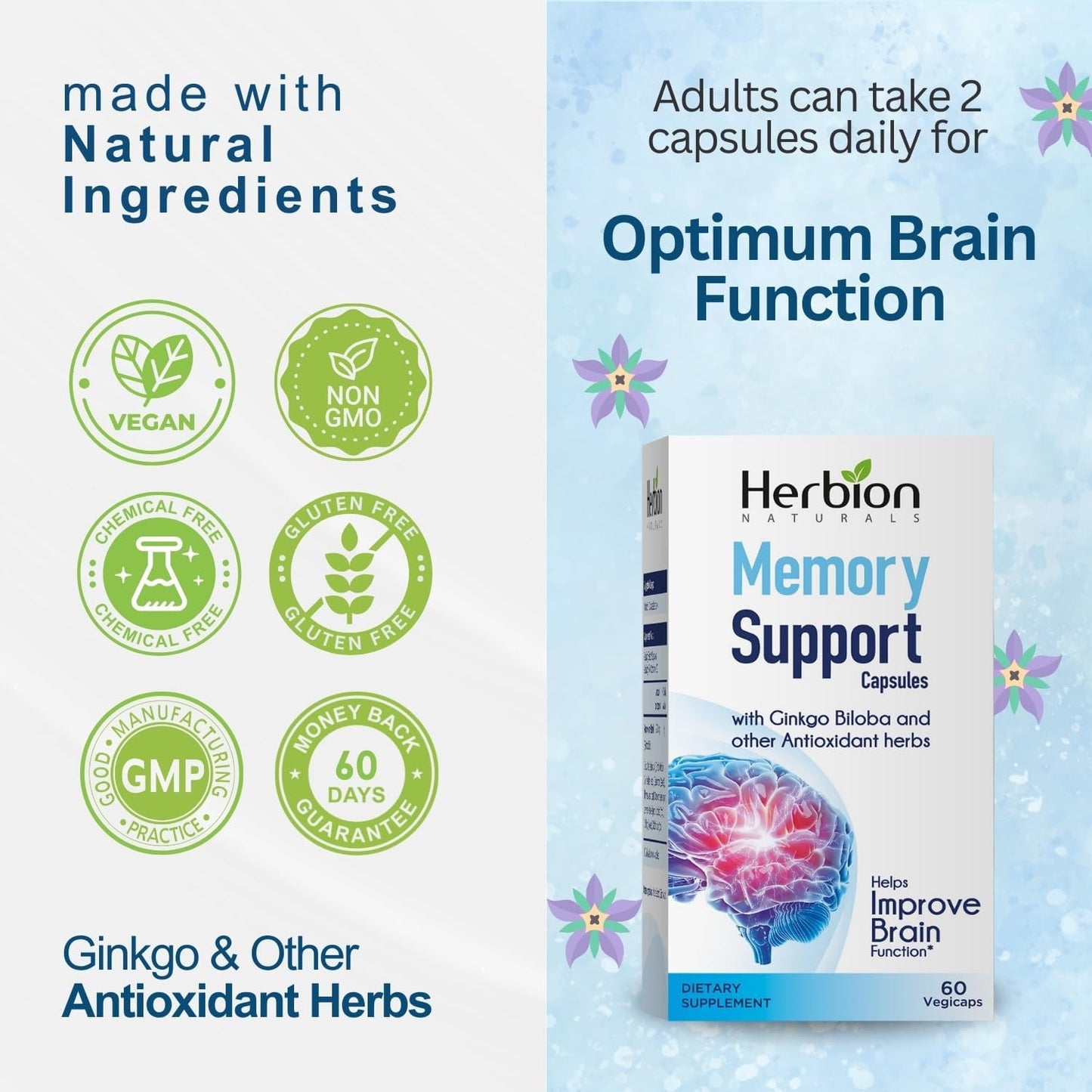 Herbion Naturals Memory Support Capsules - Enhances Brain Function, Fights Absent-Mindedness, and Promotes Healthy Mood - 60 Vegicaps for Adults