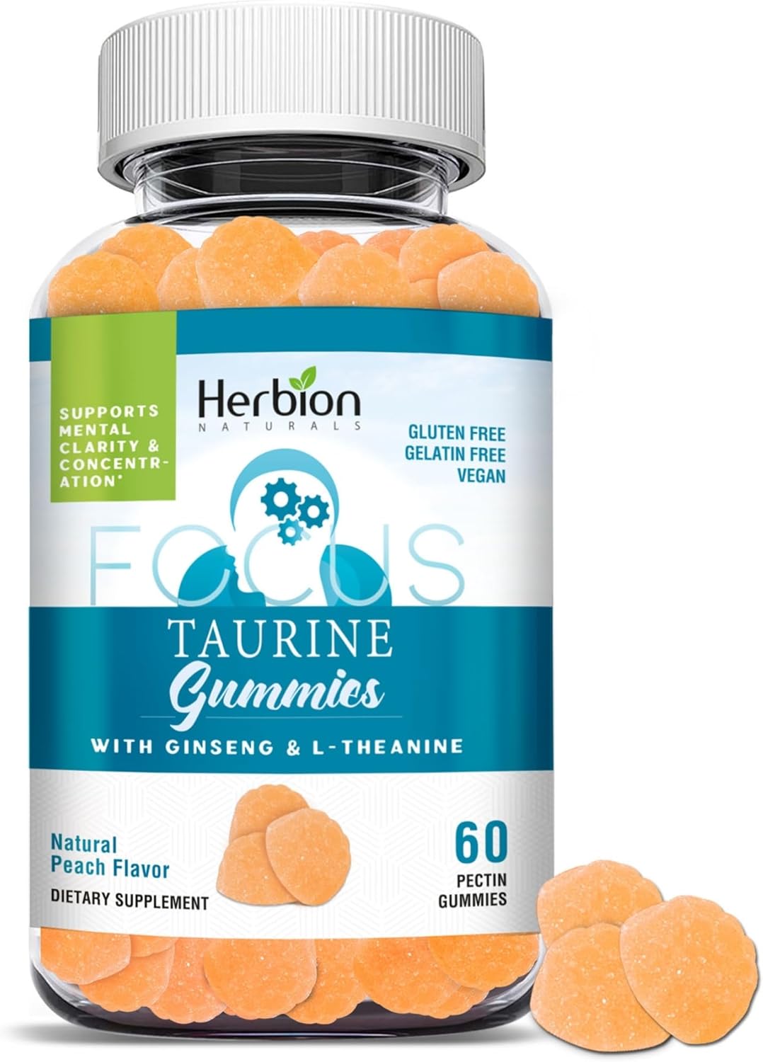 Herbion Naturals Taurine Gummies with Ginseng, L-Theanine, Vitamin C, B3, B6, & B12 for Mental Clarity, Peach Flavor, 60 Gummies, USA Made