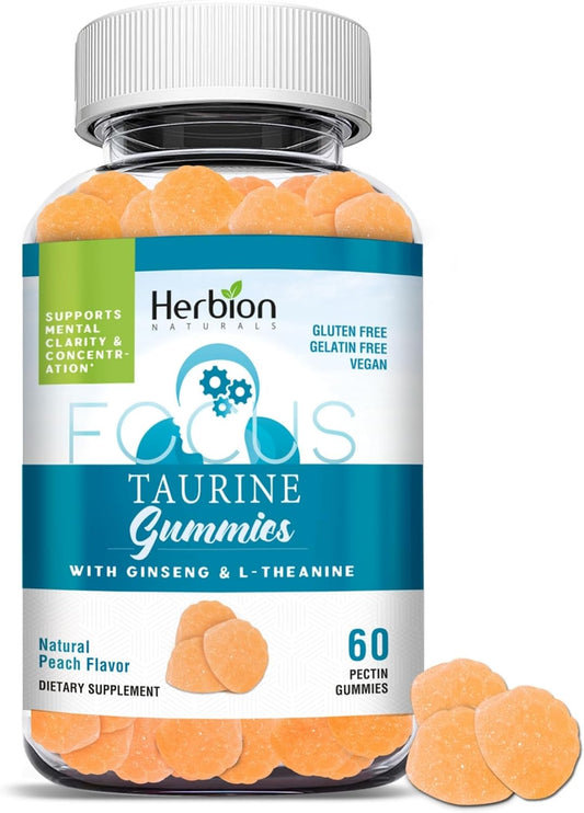 Herbion Naturals Taurine Gummies with Ginseng, L-Theanine, Vitamin C, B3, B6, & B12 for Mental Clarity, Peach Flavor, 60 Gummies, USA Made