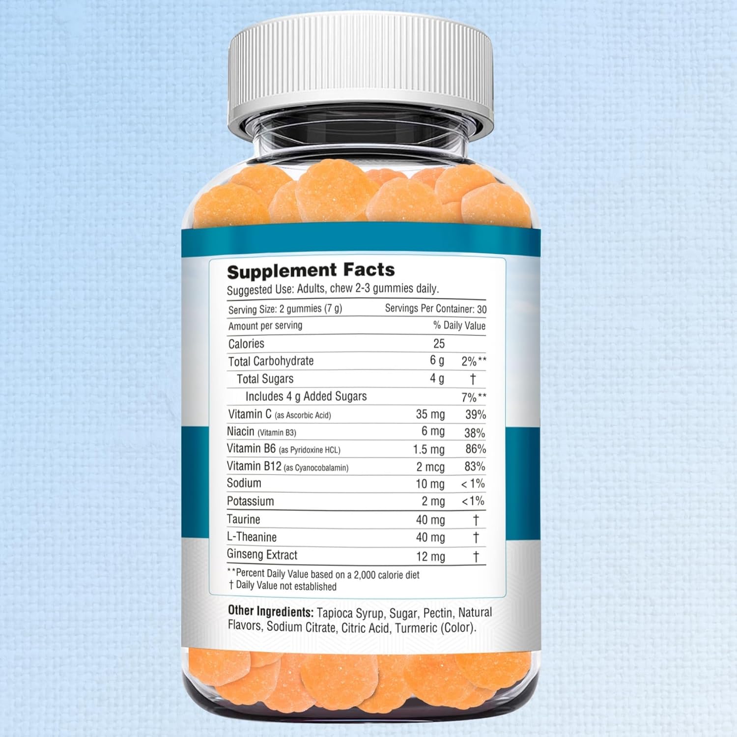 Herbion Naturals Taurine Gummies with Ginseng, L-Theanine, Vitamin C, B3, B6, & B12 for Mental Clarity, Peach Flavor, 60 Gummies, USA Made