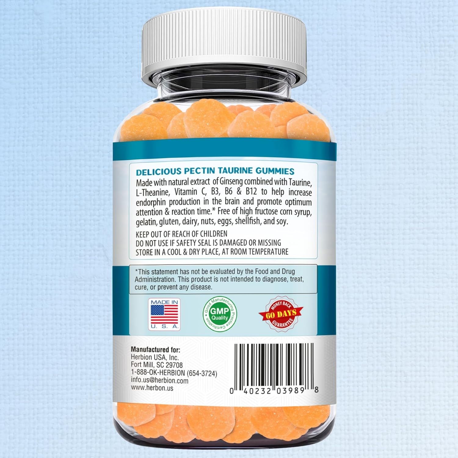 Herbion Naturals Taurine Gummies with Ginseng, L-Theanine, Vitamin C, B3, B6, & B12 for Mental Clarity, Peach Flavor, 60 Gummies, USA Made