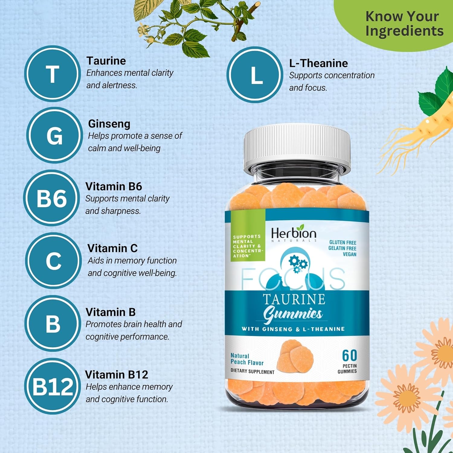 Herbion Naturals Taurine Gummies with Ginseng, L-Theanine, Vitamin C, B3, B6, & B12 for Mental Clarity, Peach Flavor, 60 Gummies, USA Made