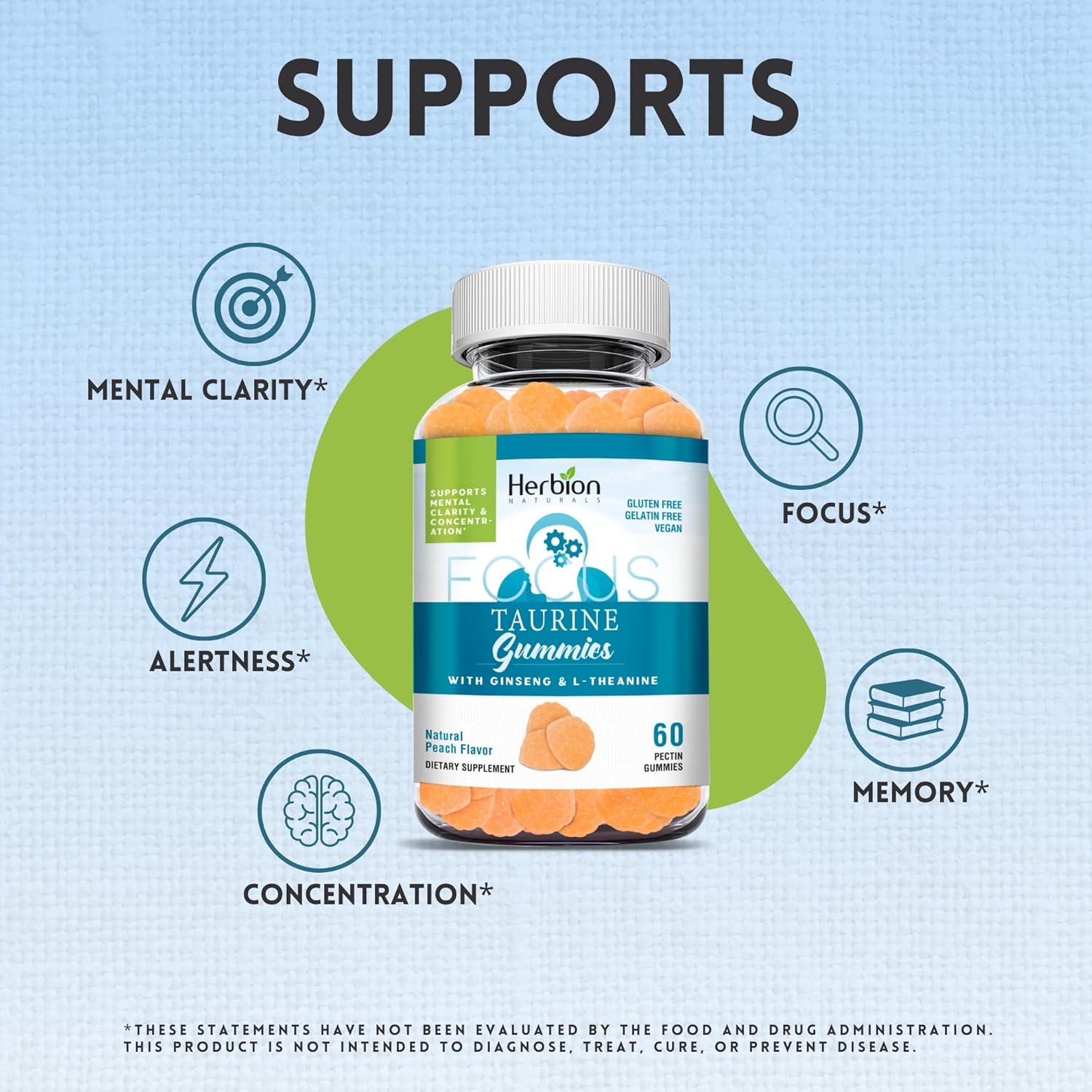 Herbion Naturals Taurine Gummies with Ginseng, L-Theanine, Vitamin C, B3, B6, & B12 for Mental Clarity, Peach Flavor, 60 Gummies, USA Made