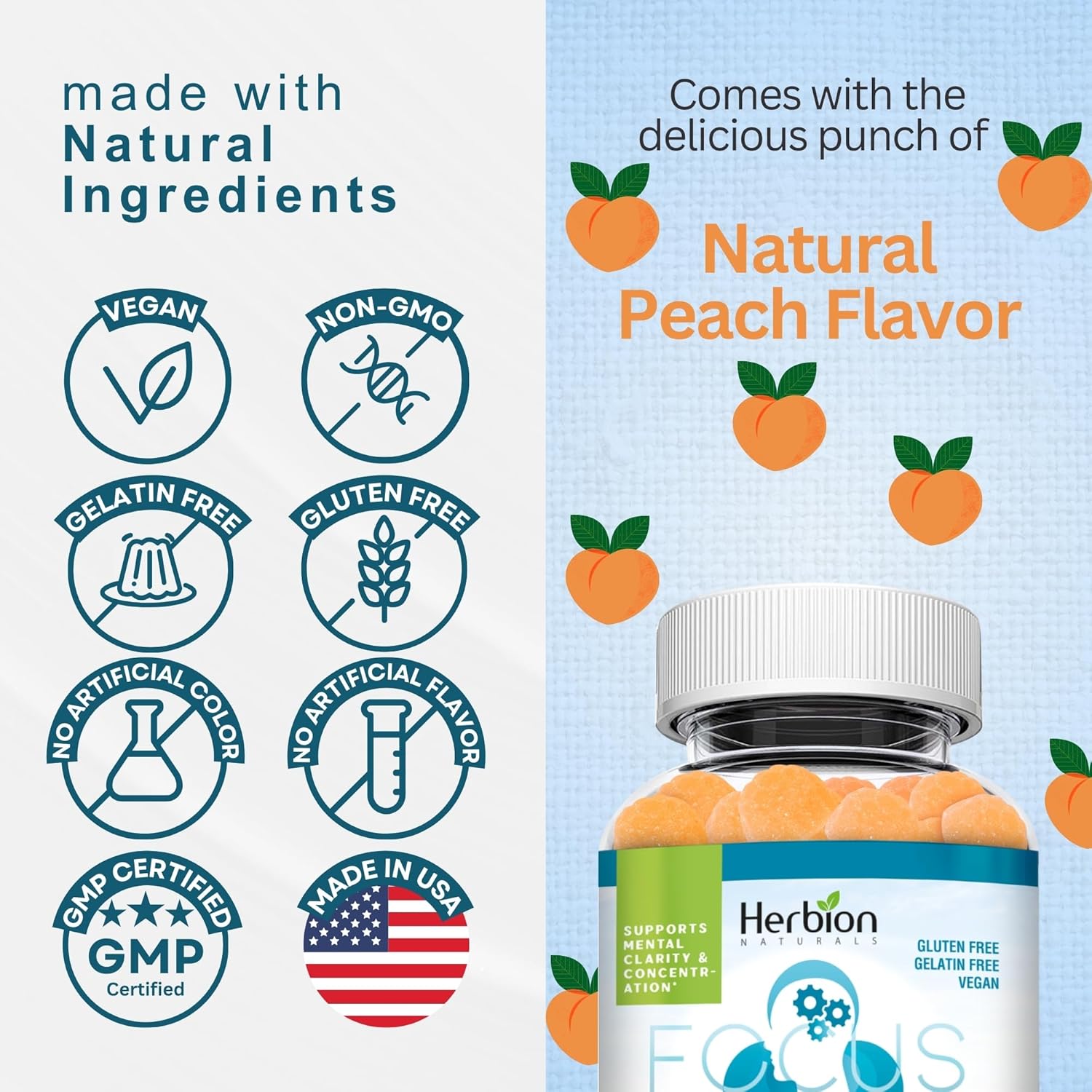 Herbion Naturals Taurine Gummies with Ginseng, L-Theanine, Vitamin C, B3, B6, & B12 for Mental Clarity, Peach Flavor, 60 Gummies, USA Made