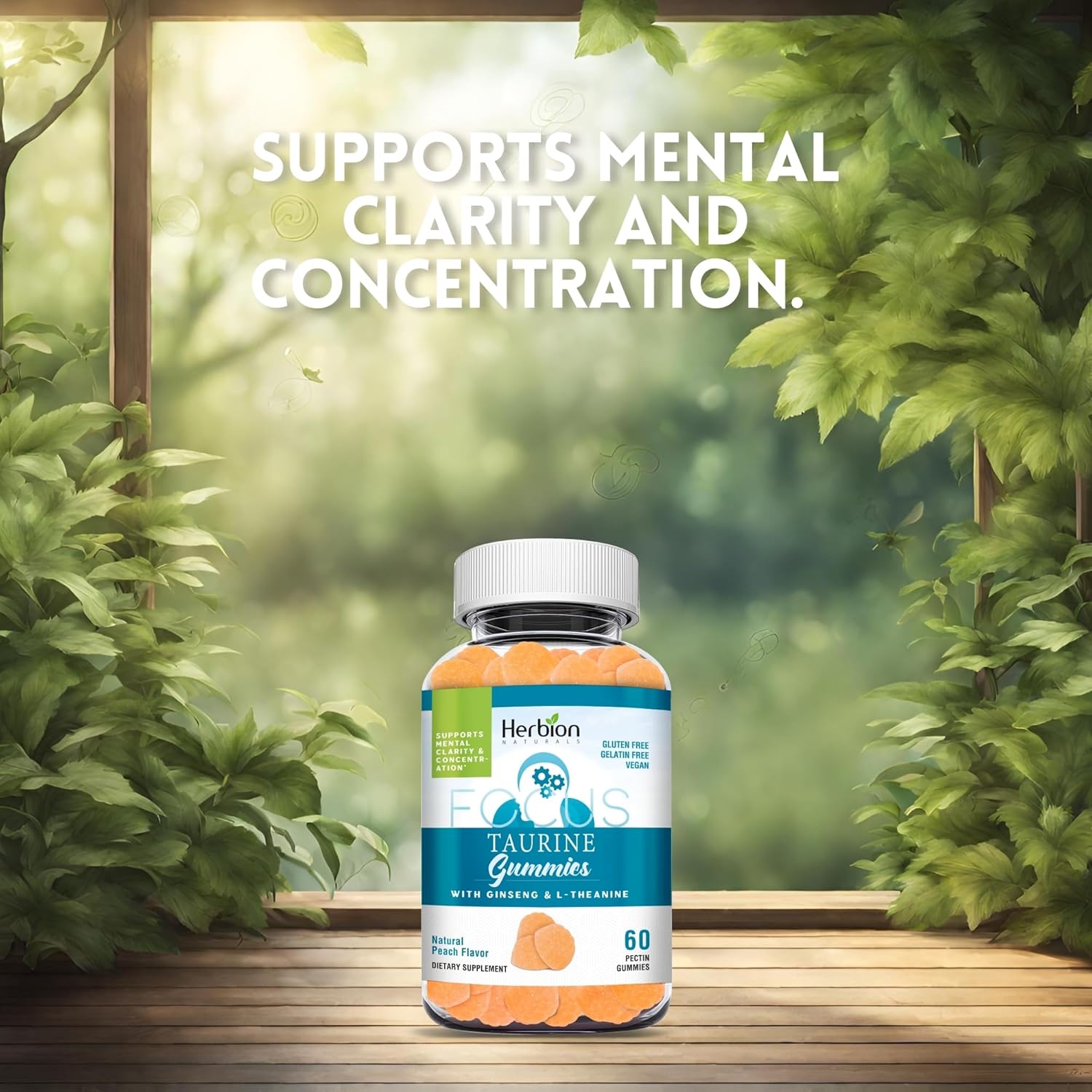Herbion Naturals Taurine Gummies with Ginseng, L-Theanine, Vitamin C, B3, B6, & B12 for Mental Clarity, Peach Flavor, 60 Gummies, USA Made