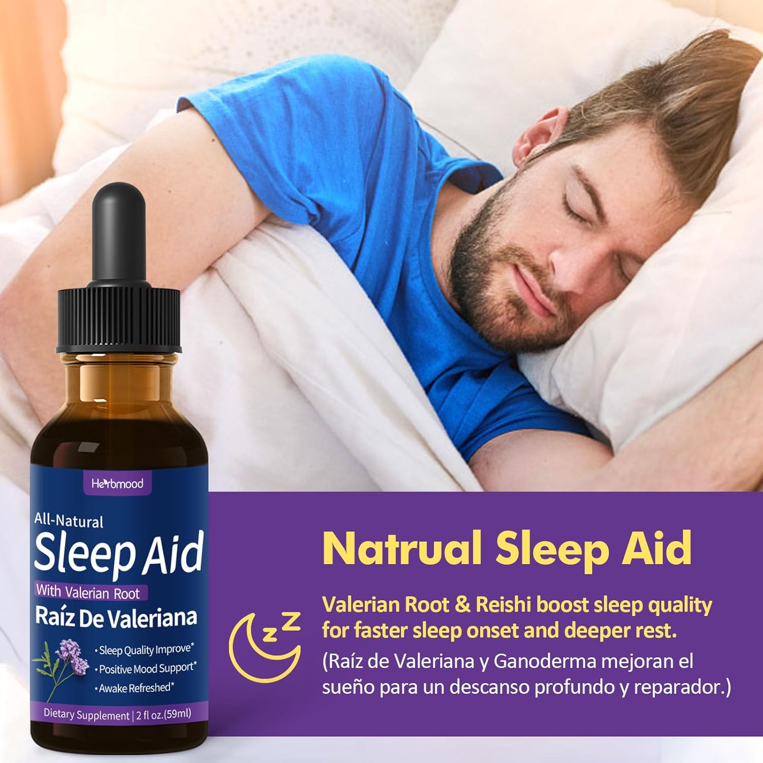 Herbmood Valerian Root Chamomile and Hibiscus Sleep Drops for Deep Sleep - 4oz Herbal Extract Liquid