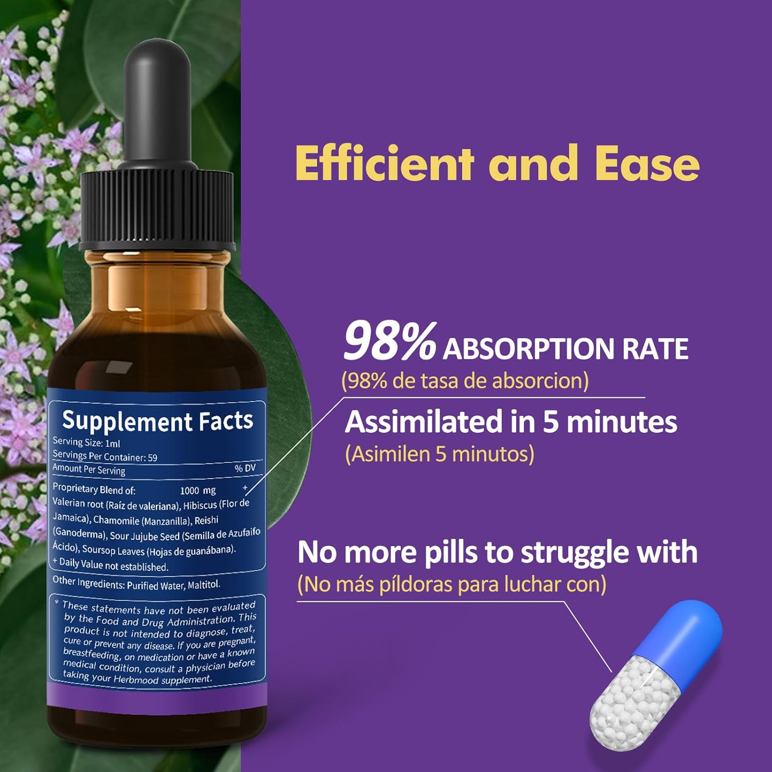 Herbmood Valerian Root Chamomile and Hibiscus Sleep Drops for Deep Sleep - 4oz Herbal Extract Liquid