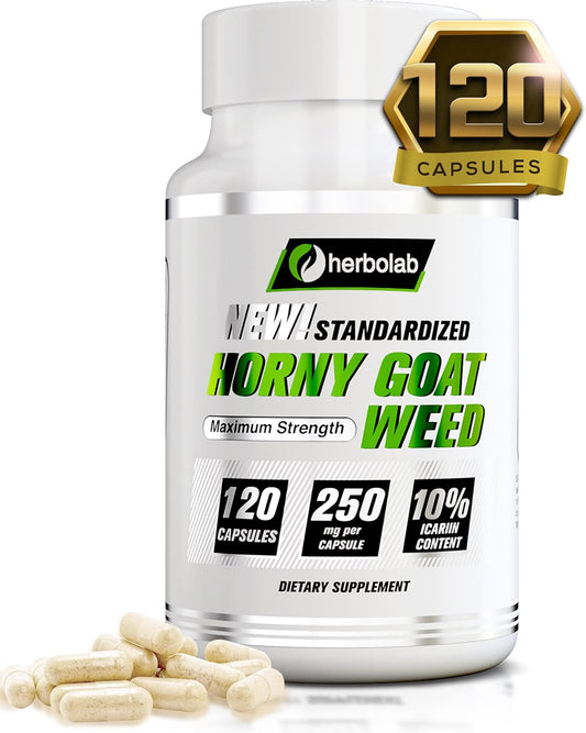 Herbolab Horny Goat Weed Extract Capsules - 10% Icariin, 250mg x 120 - Epimedium, Barrenwort, Bishop’s Hat
