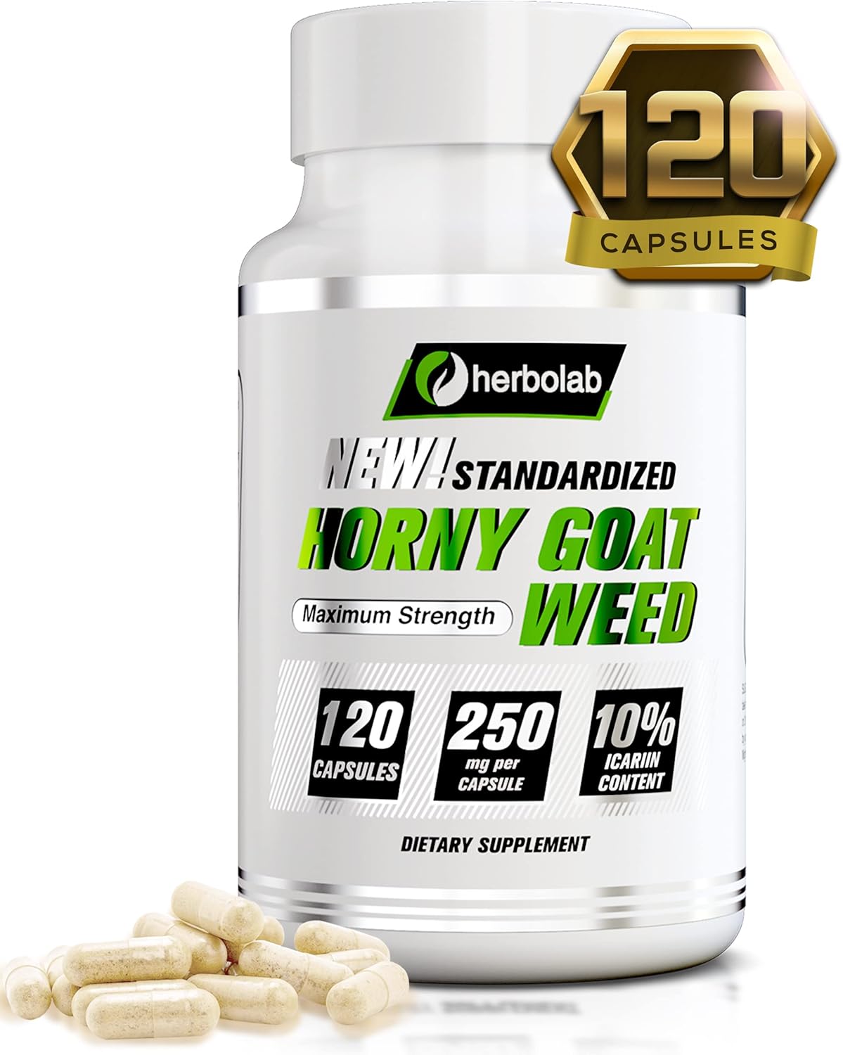 Herbolab Horny Goat Weed Extract Capsules - 10% Icariin, 250mg x 120 - Epimedium, Barrenwort, Bishop’s Hat