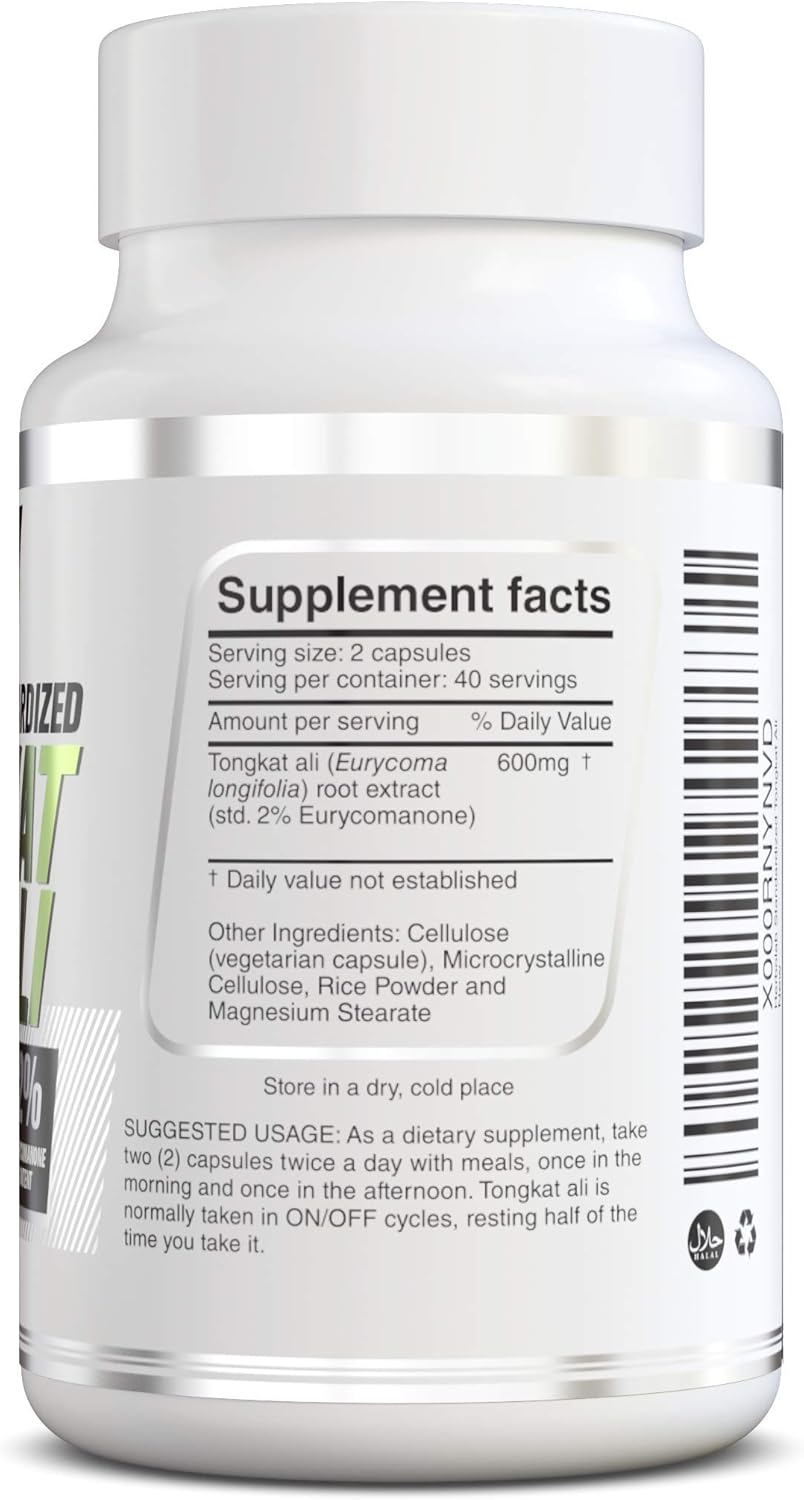 Herbolab Tongkat Ali Root Supplement 200:1, 2% Eurycomanone, 1200mg, 30 Day Supply - Longjack Tongkat Ali for Men