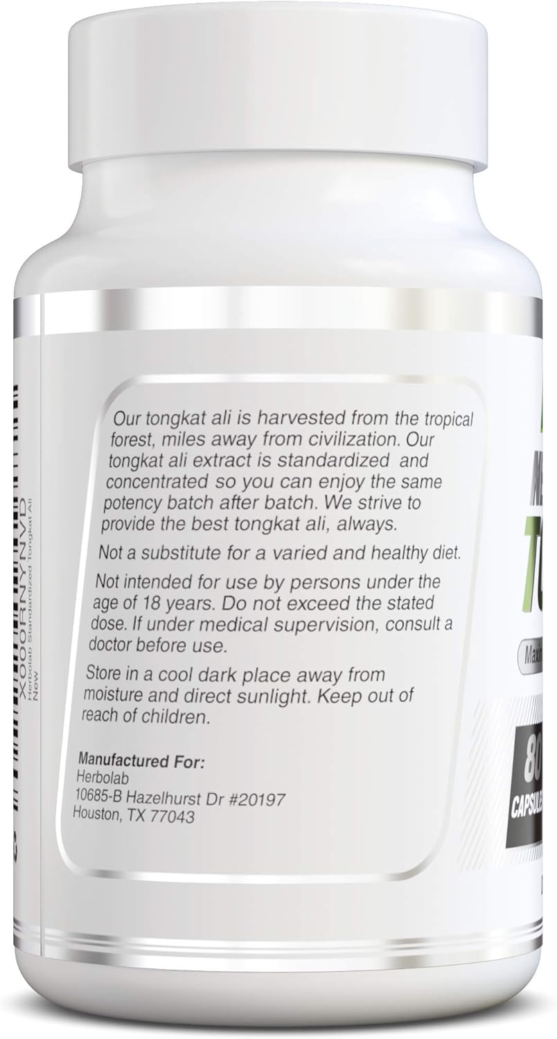 Herbolab Tongkat Ali Root Supplement 200:1, 2% Eurycomanone, 1200mg, 30 Day Supply - Longjack Tongkat Ali for Men