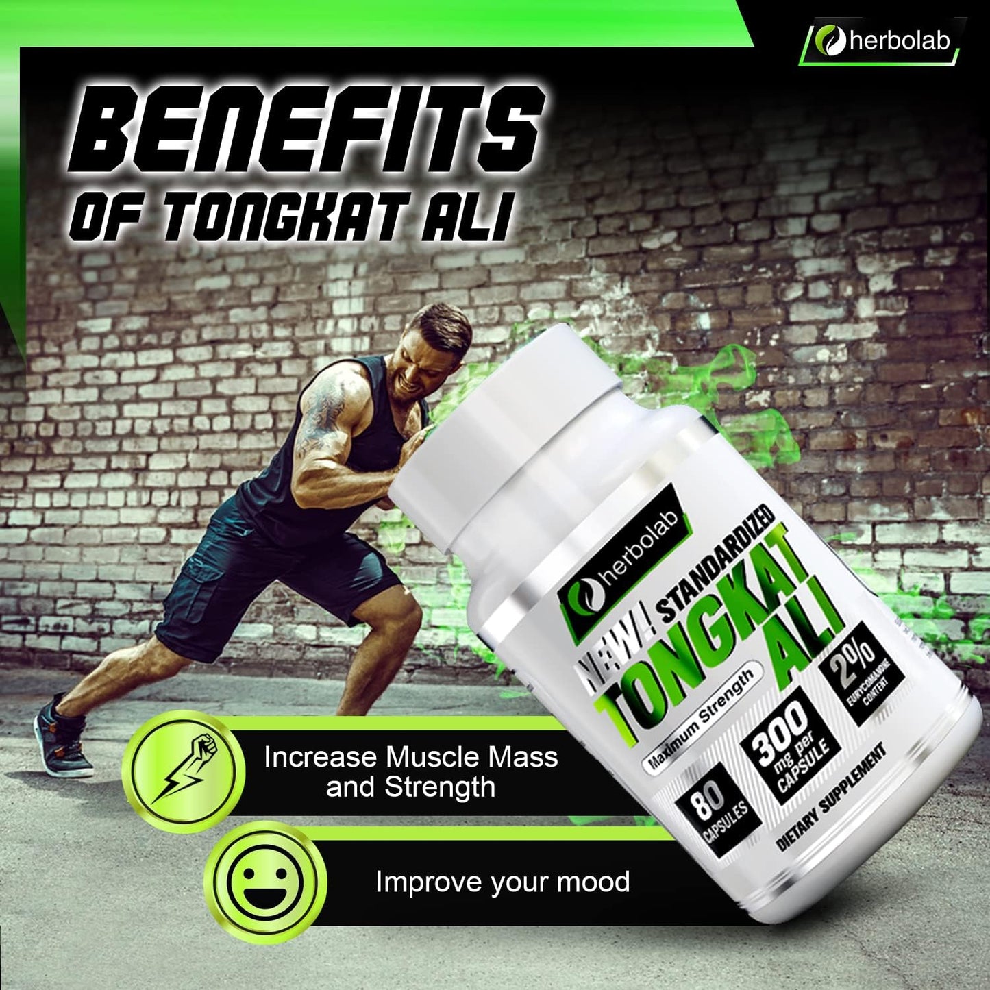 Herbolab Tongkat Ali Root Supplement 200:1, 2% Eurycomanone, 1200mg, 30 Day Supply - Longjack Tongkat Ali for Men